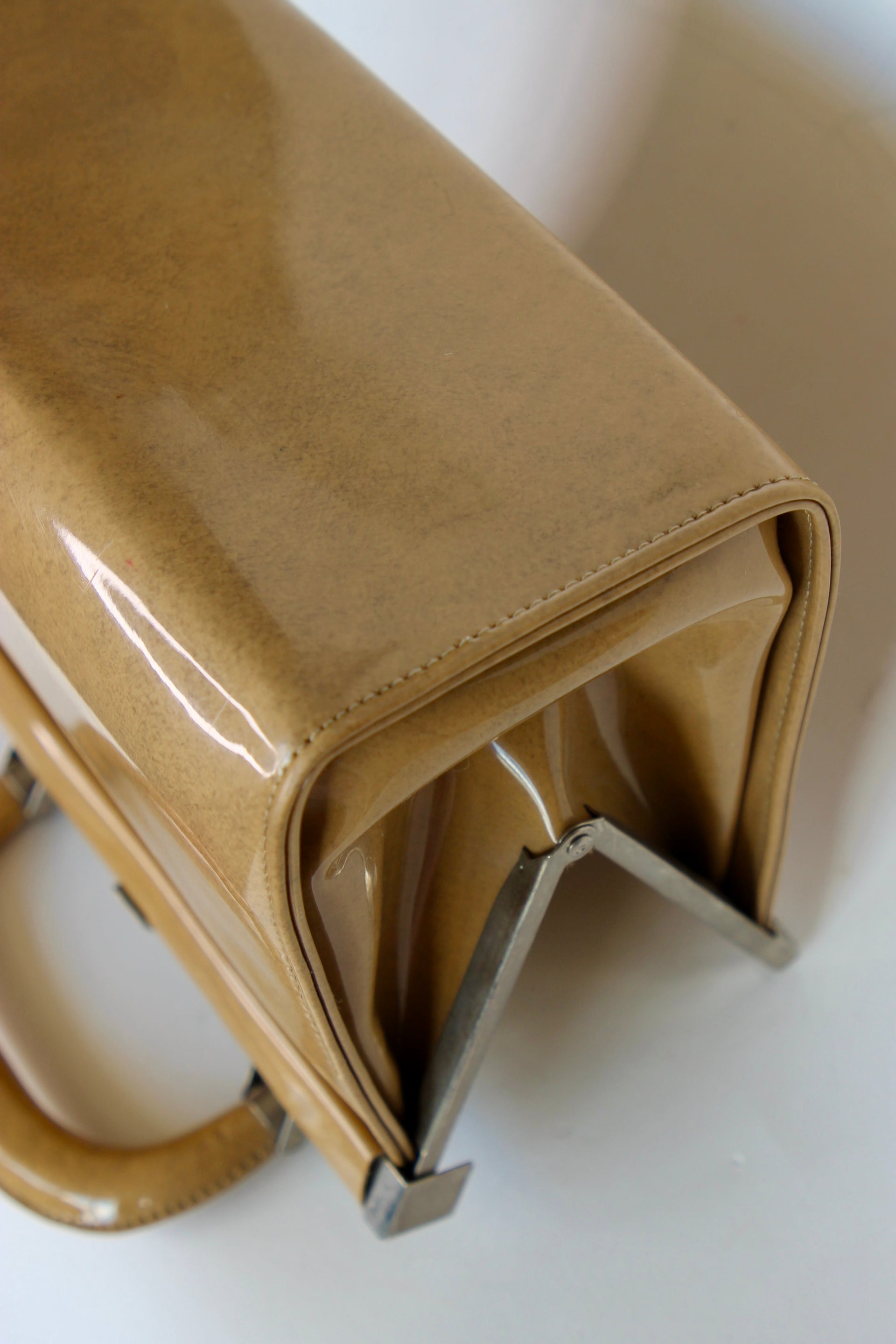 1960s Vintage Beige/Camel Vinyl Top Handle Bag/Purse with Silver Closure.