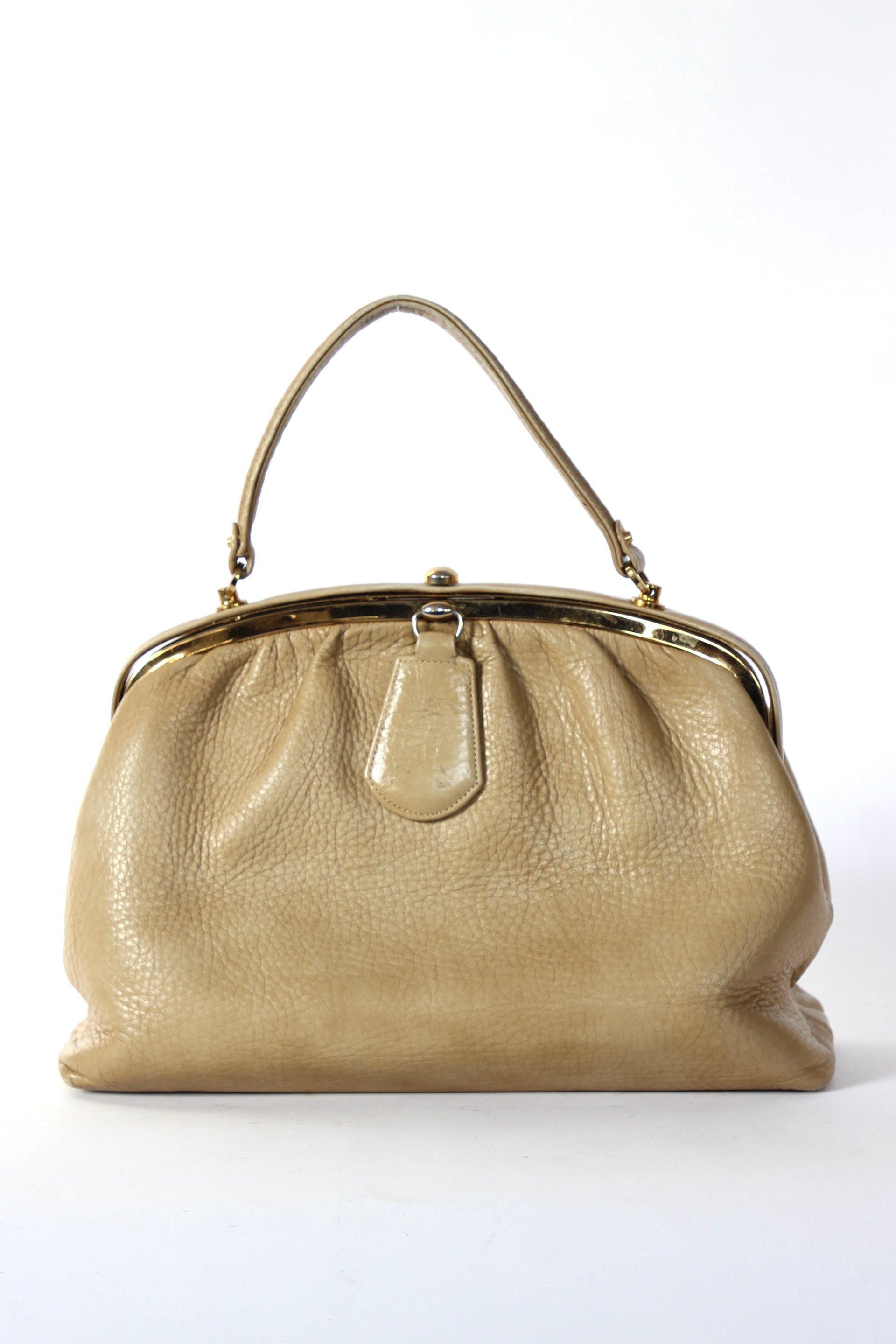 1960s Vintage Beige Leather Top Handle Bag with Green Leather Linen