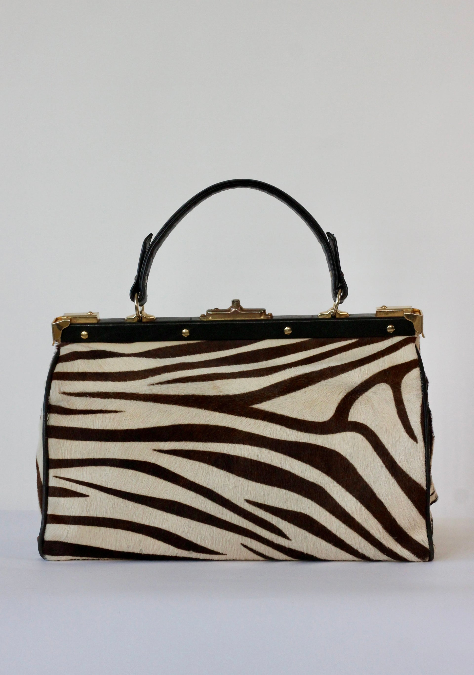 1950S 1960s Black Leather Top Handle Bag with Zebra Pattern Fur//Danish Design