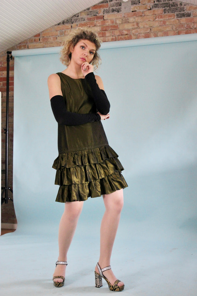 1960s Army Green Mini Dress with Ruffle Skirt // Size M