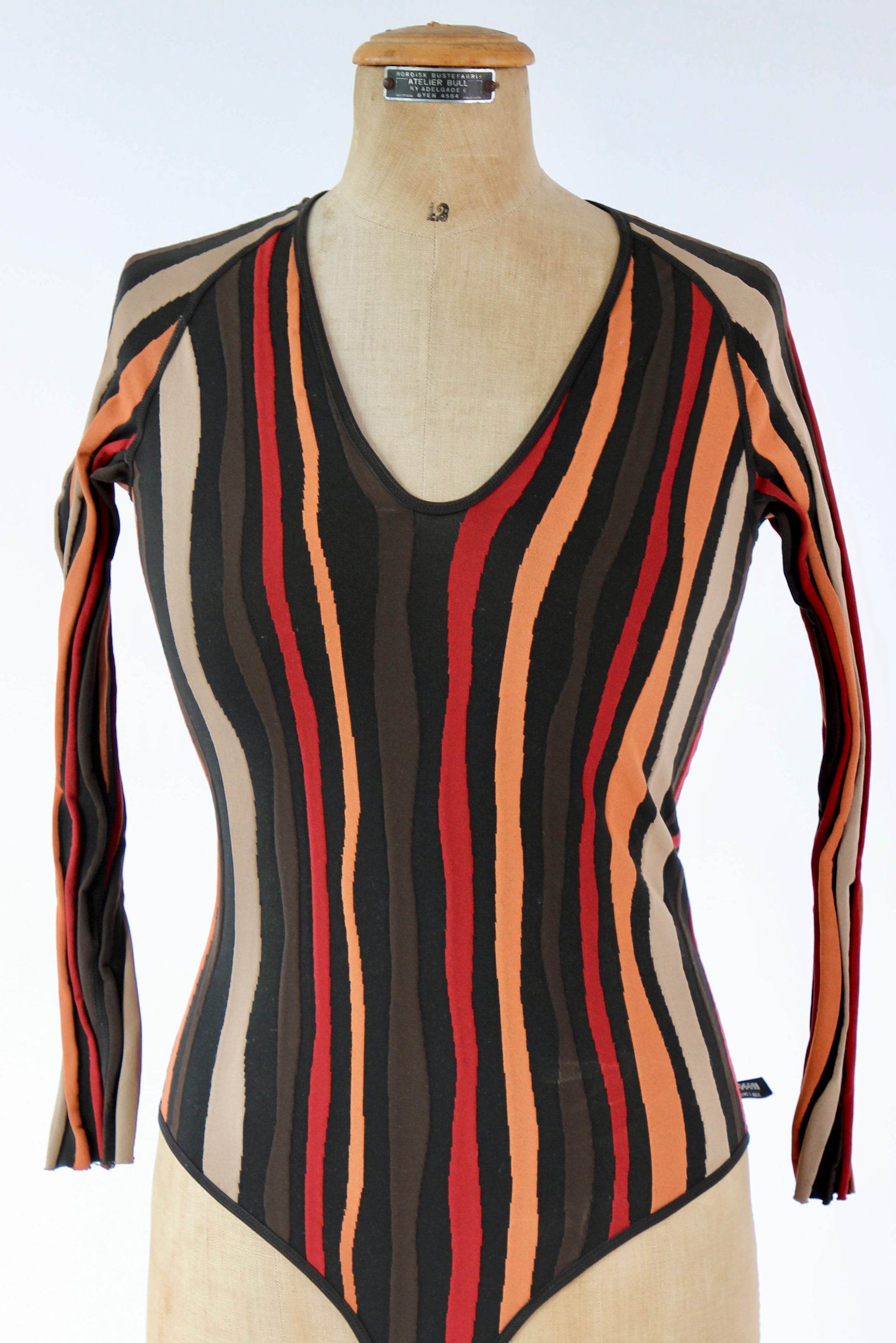 1990s Vintage Brown Striped Bodysuit // Size M