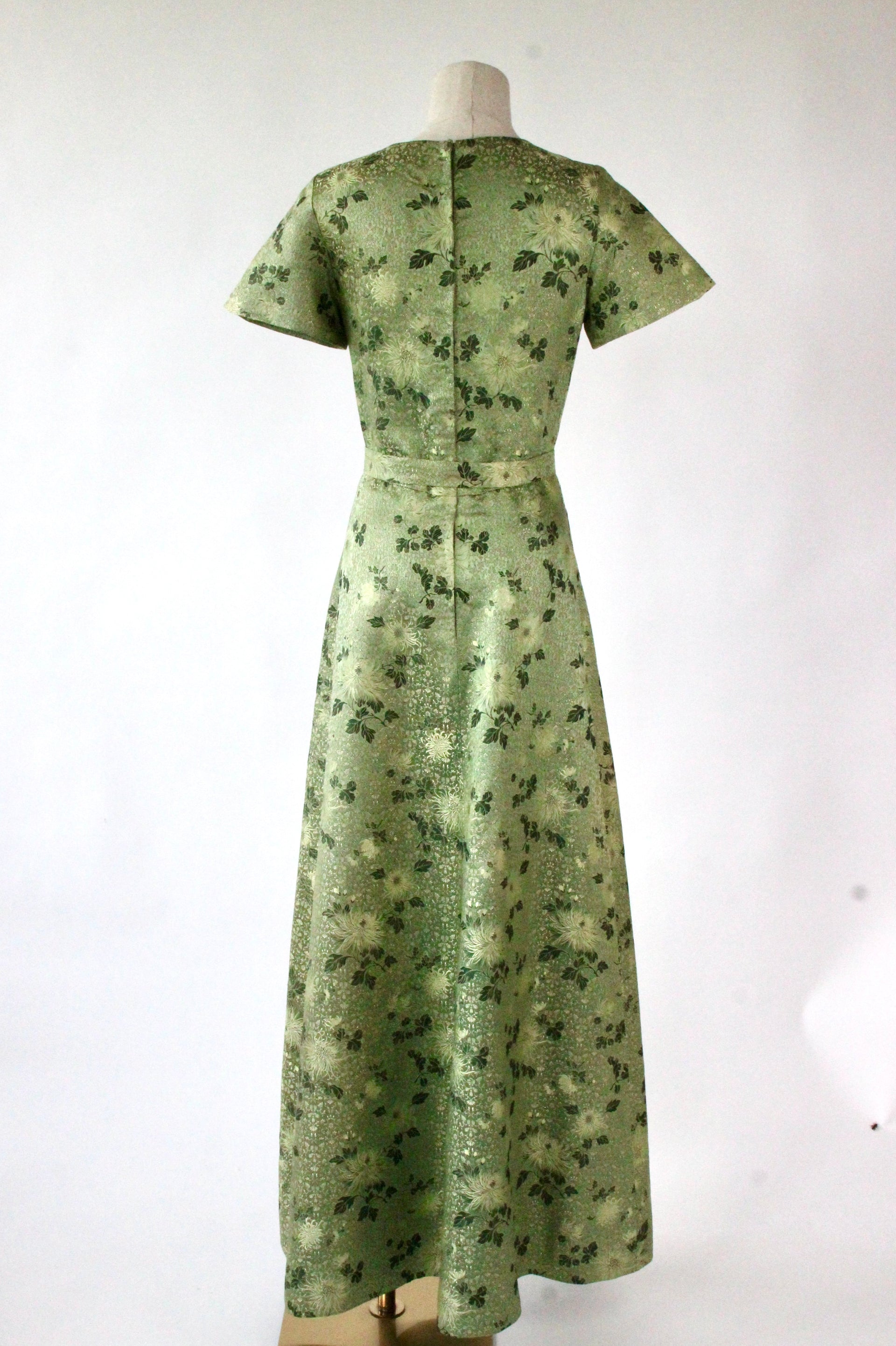 1950s 1960s Green/Gold Evening Gown with Chinese Inspired Pattern//Size XS/S