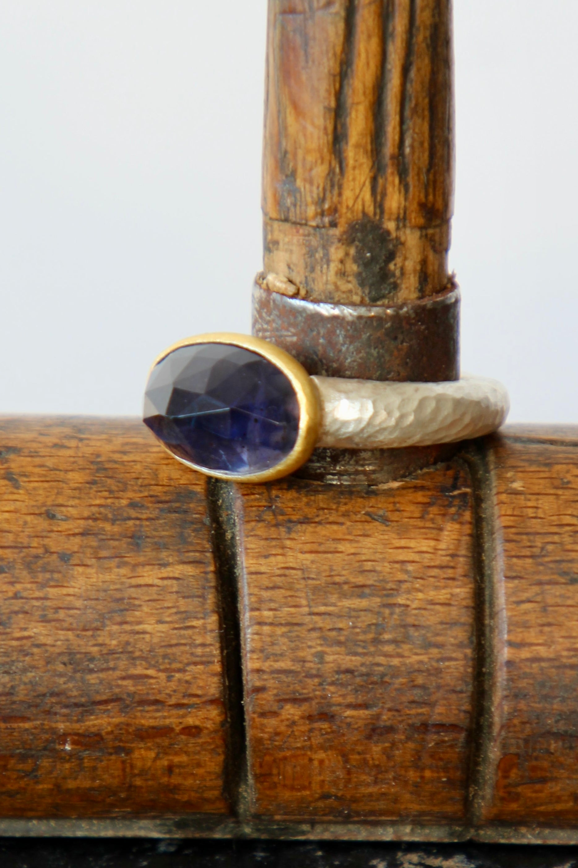 Handmade Iolite Cup Ring // Poppy Dandiya Ring // Hammered Sterling Silver // 24K Filled Gold // Size 55