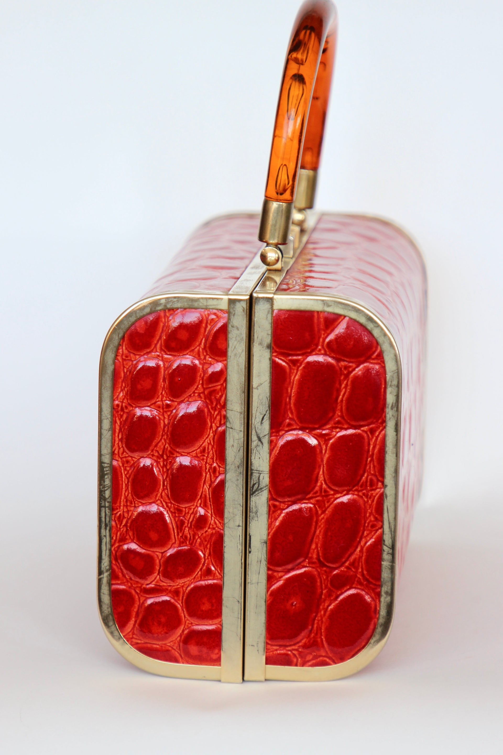 1950s 1960s Bright Red Leather Box Top Handle Bag/Purse