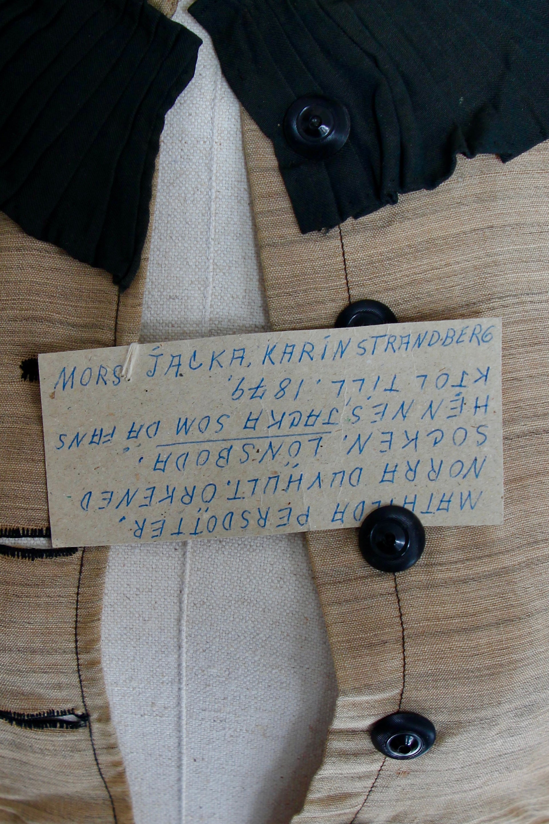 1879s Antique Victorian Beige Jacket with Black Collar and Cuffs Owned by Karin Strandberg, Sweden.