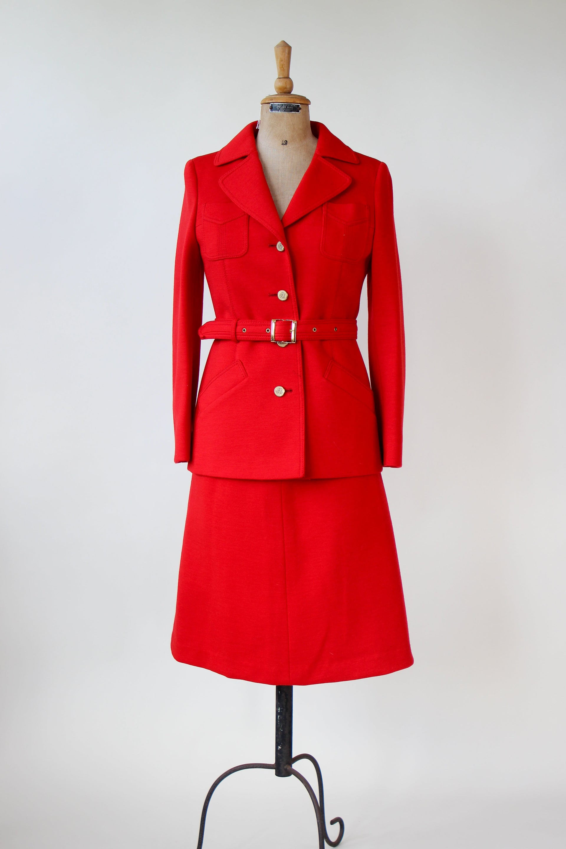 1960s 1970s Vintage Bright Red Wool Skirt Suit // Size S