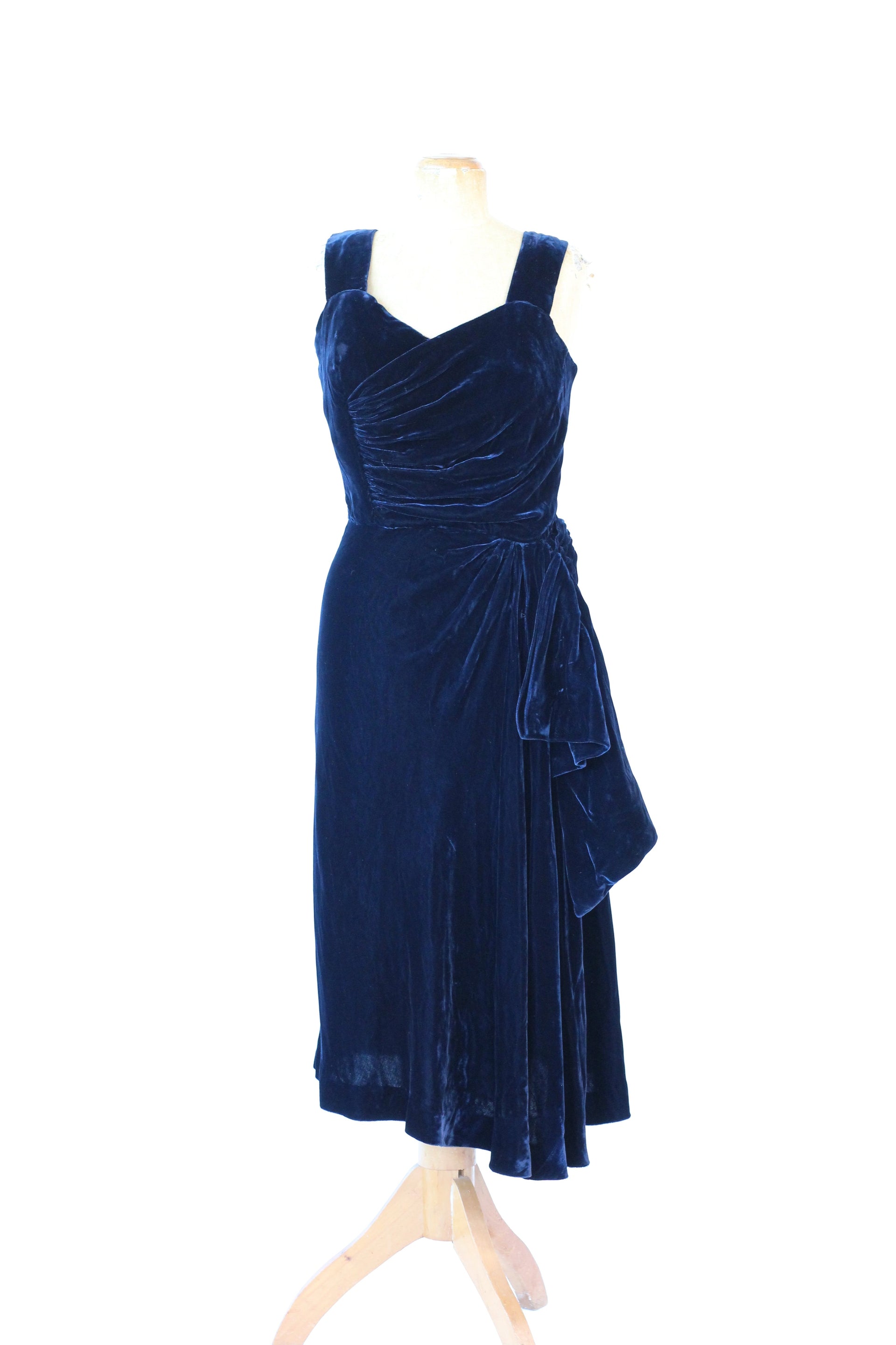 1950s Dark Blue Velvet Silk Dress//Size M