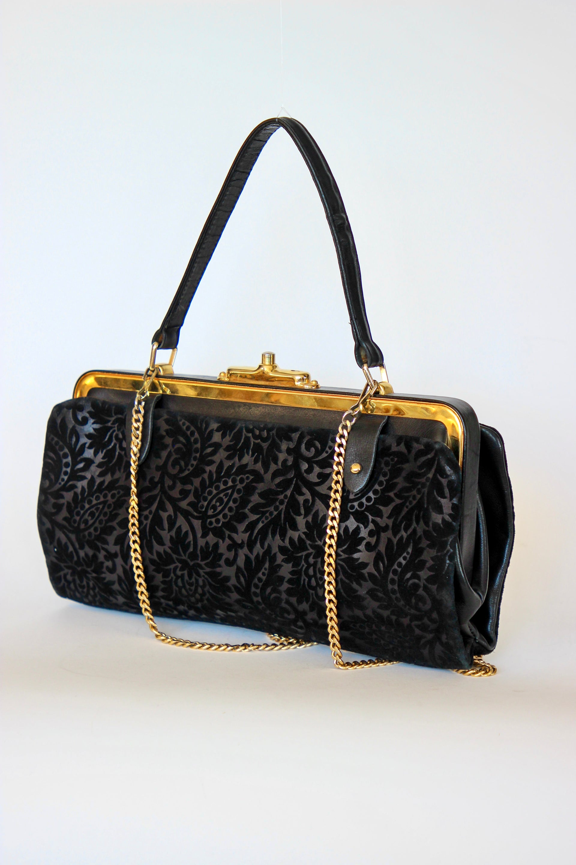 1960s Black Floral Suede/Leather Top Handle Bag/Shoulder Bag
