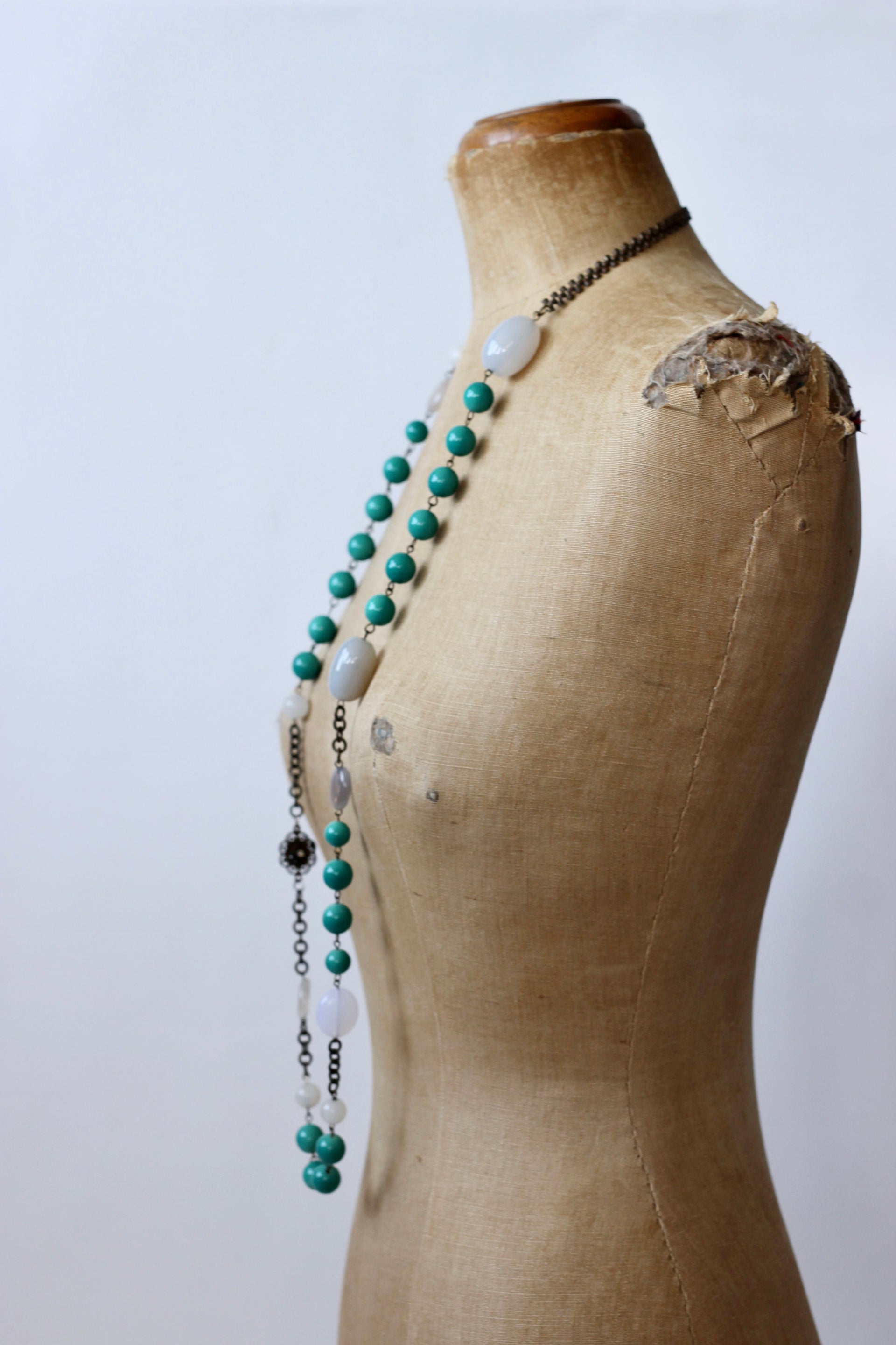 1970s Long Beaded Metal Chain with Glass Beads