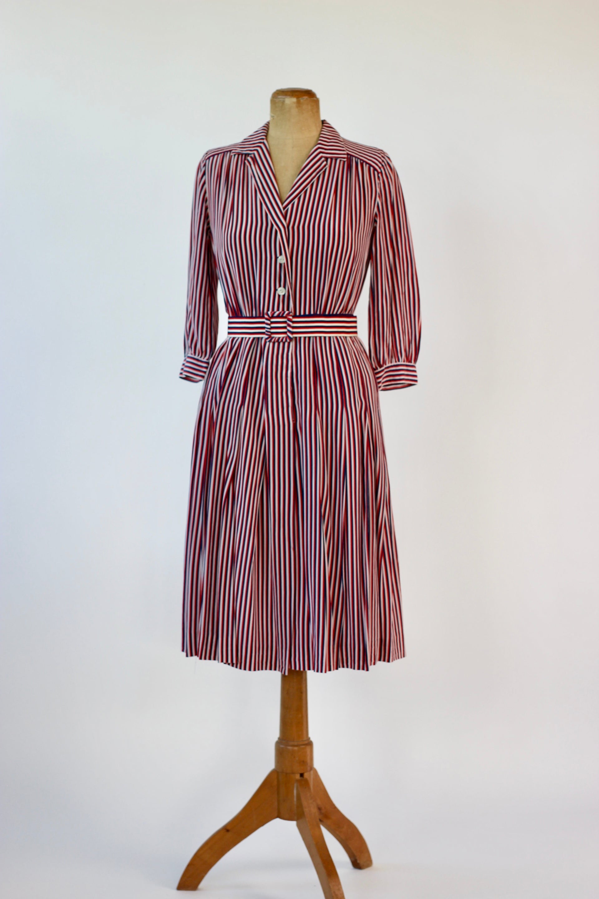 1940s Striped Silk Dress in Red, White and Blue // Size M