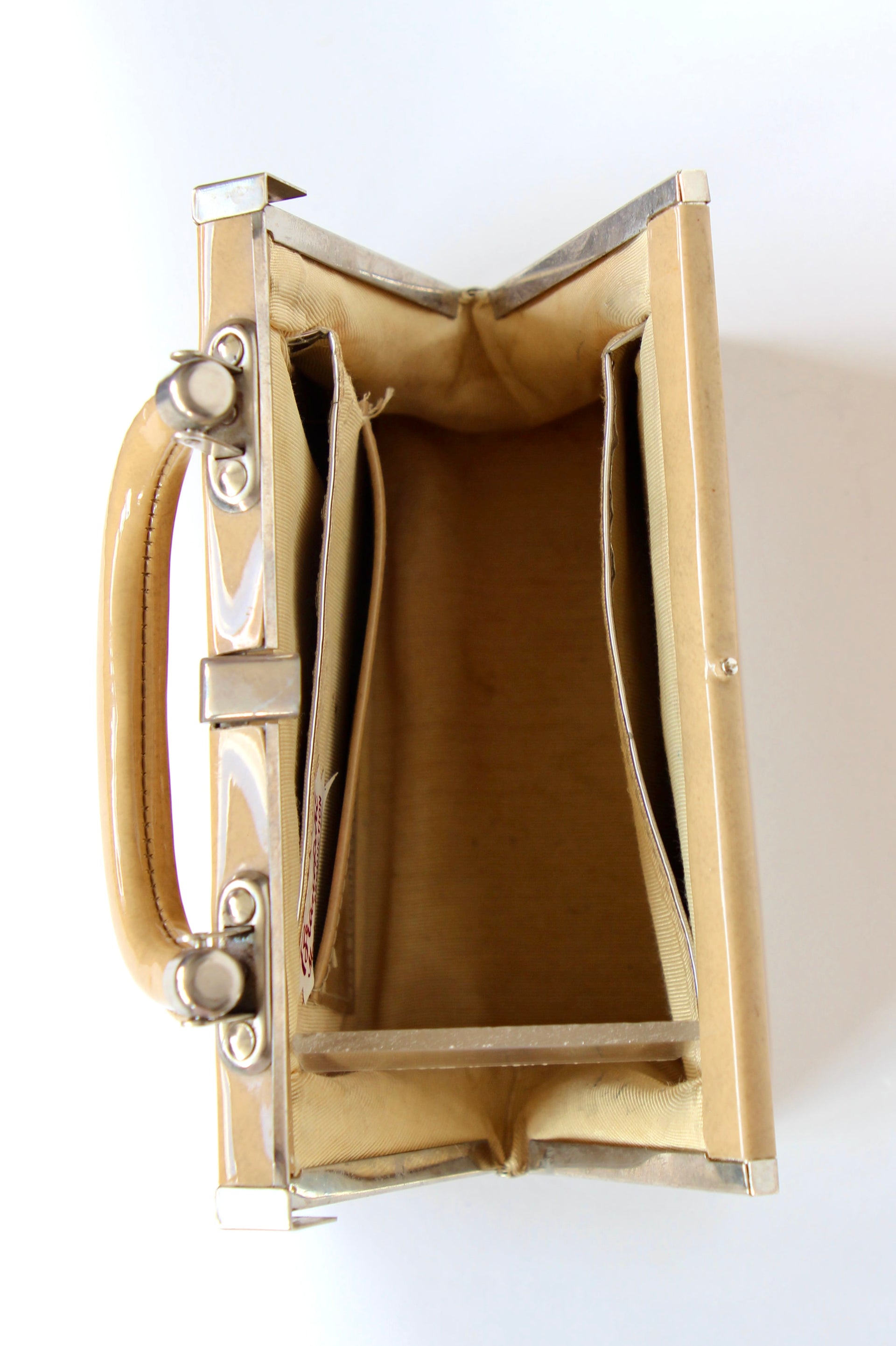 1960s Vintage Beige/Camel Vinyl Top Handle Bag/Purse with Silver Closure.