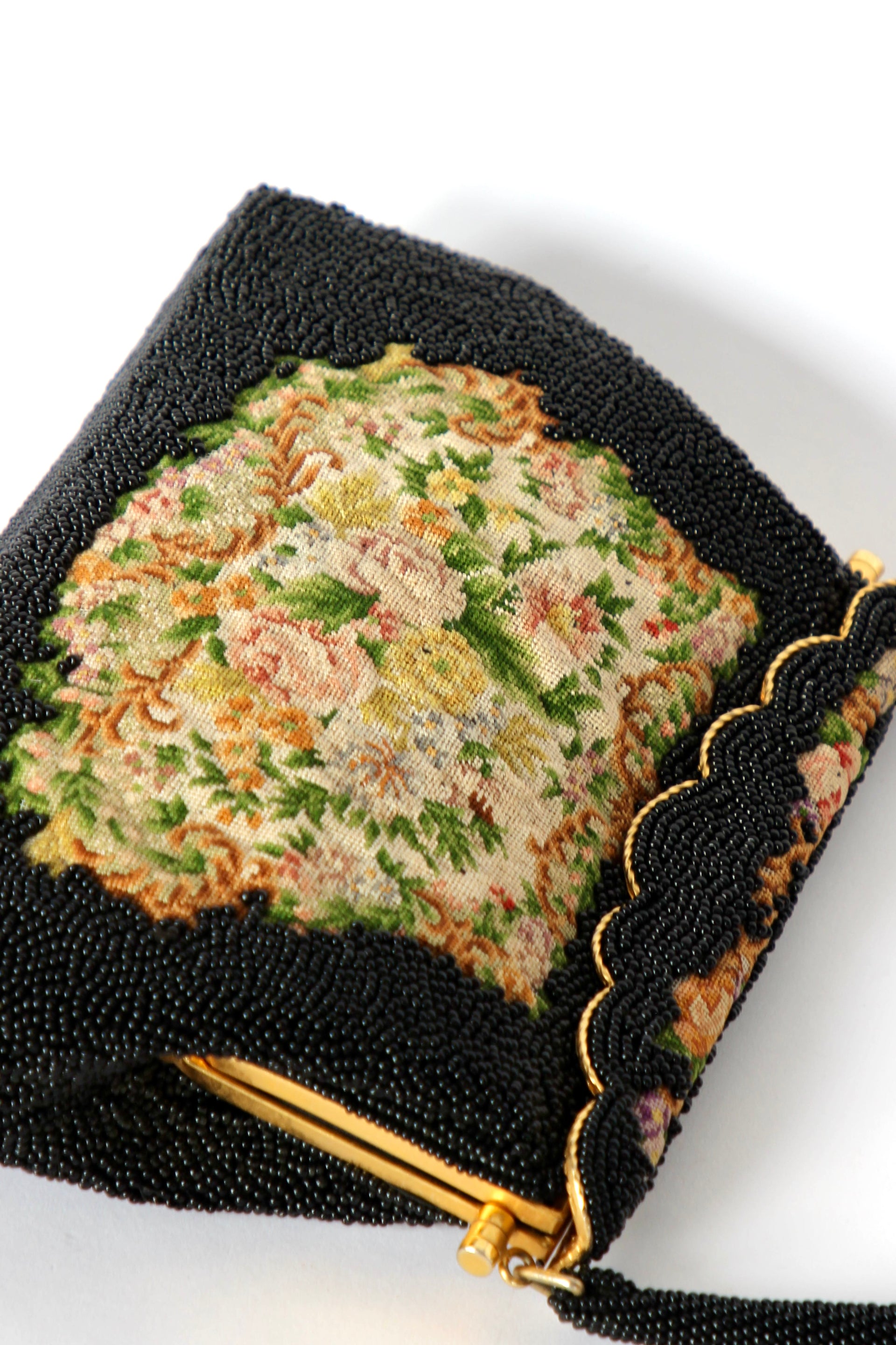 1940s 1950s Vintage Black Beaded & Floral Petit Point Evening Bag