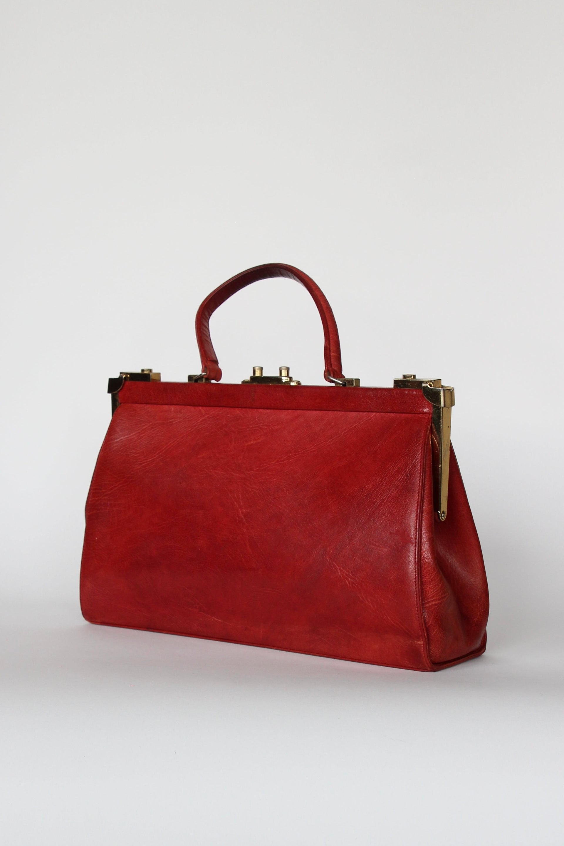 1960s Vintage Large Red Leather Top Handle Bag / Made in France