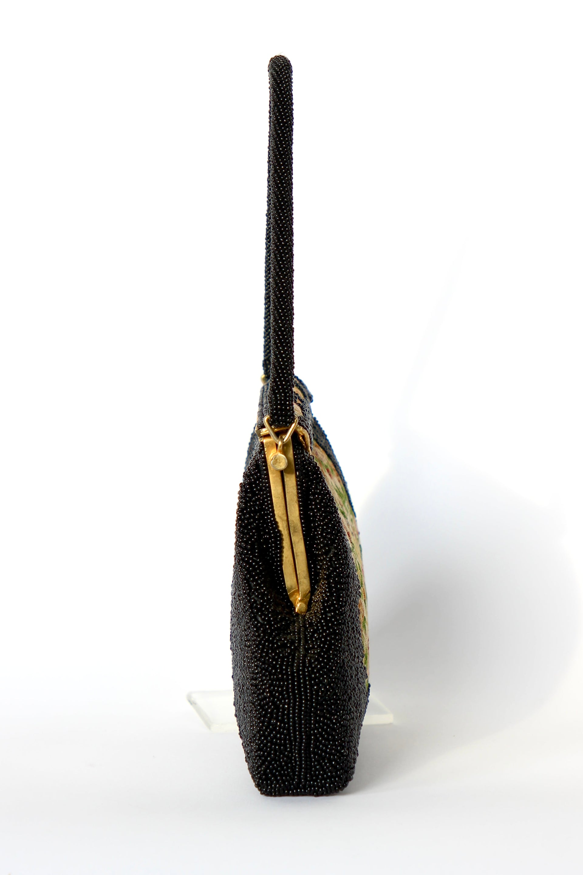 1940s 1950s Vintage Black Beaded & Floral Petit Point Evening Bag