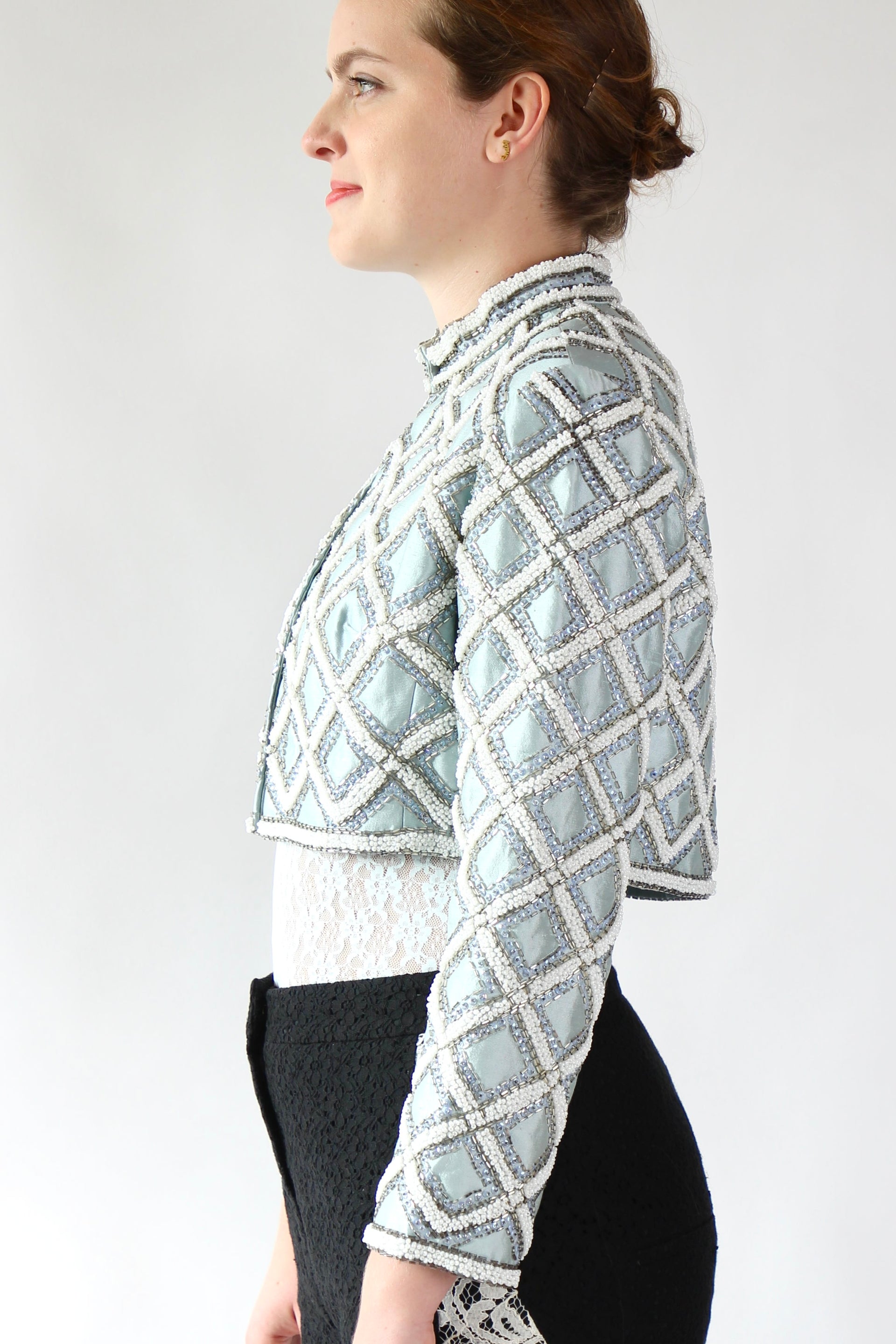 1950s 1960s Vintage Ice Blue Beaded Cropped Jacket/Bolero // Size S/M