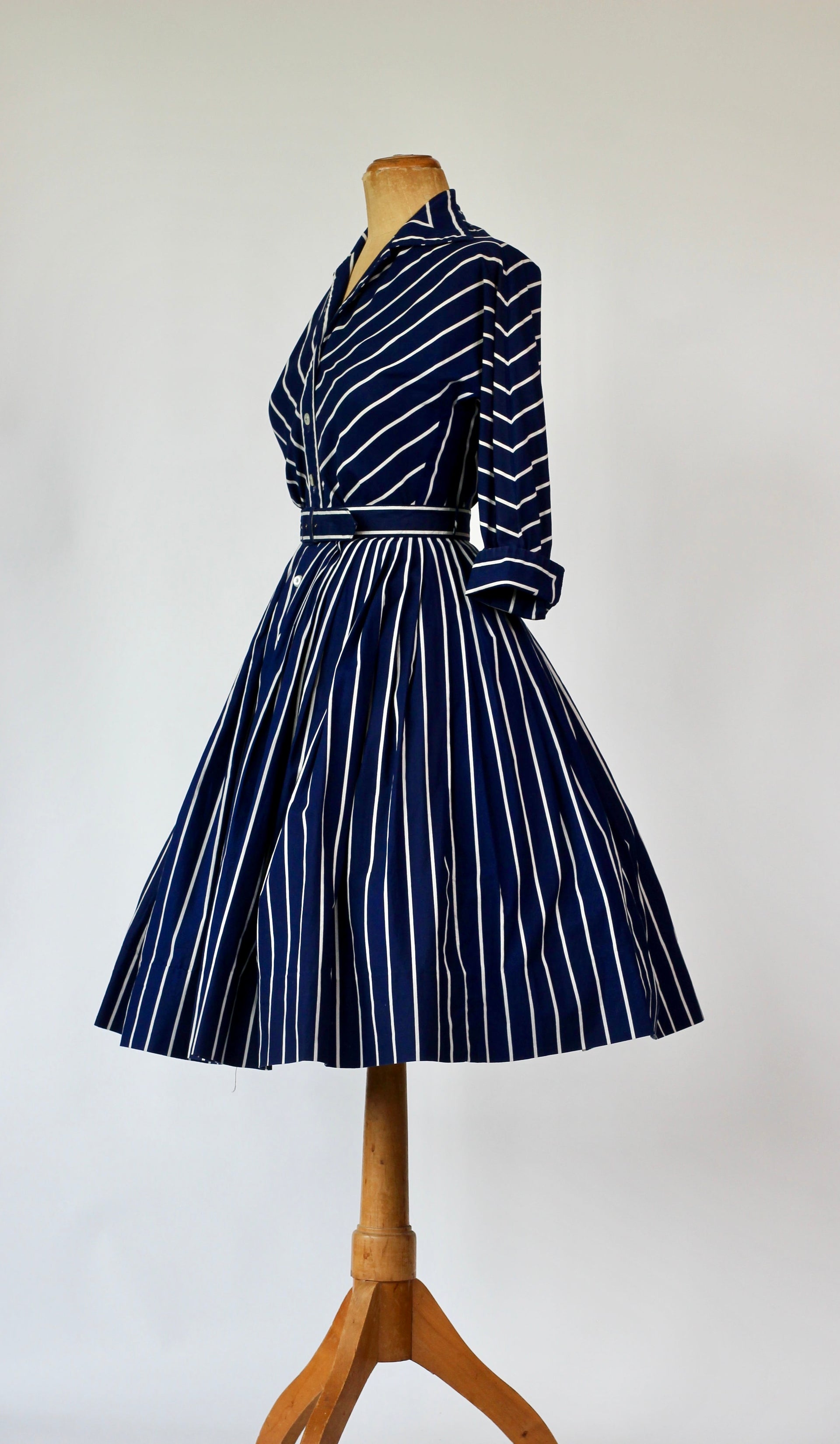1950s Blue Pleated Cotton Dress//Size S