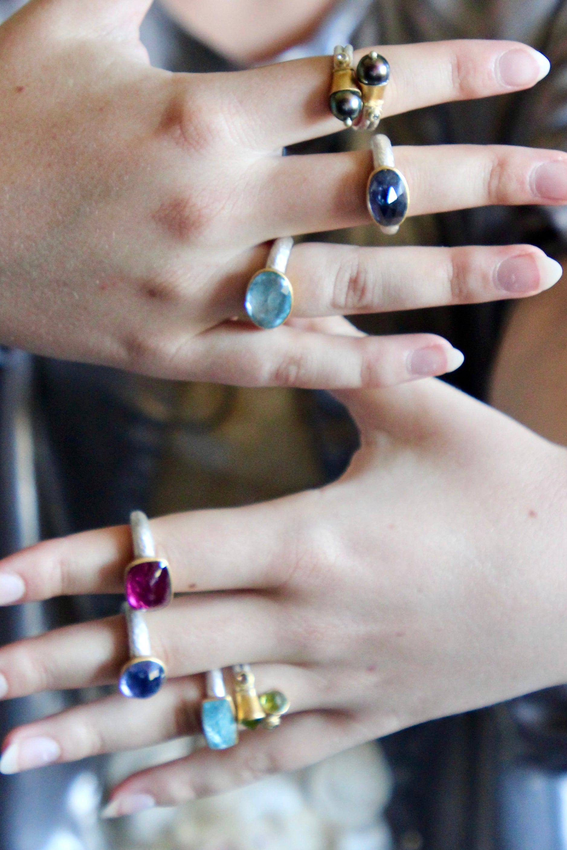 Handmade Aquamarine Ring // Poppy Dandiya // Hammered Sterling Silver // 24K Filled Gold // Size 53