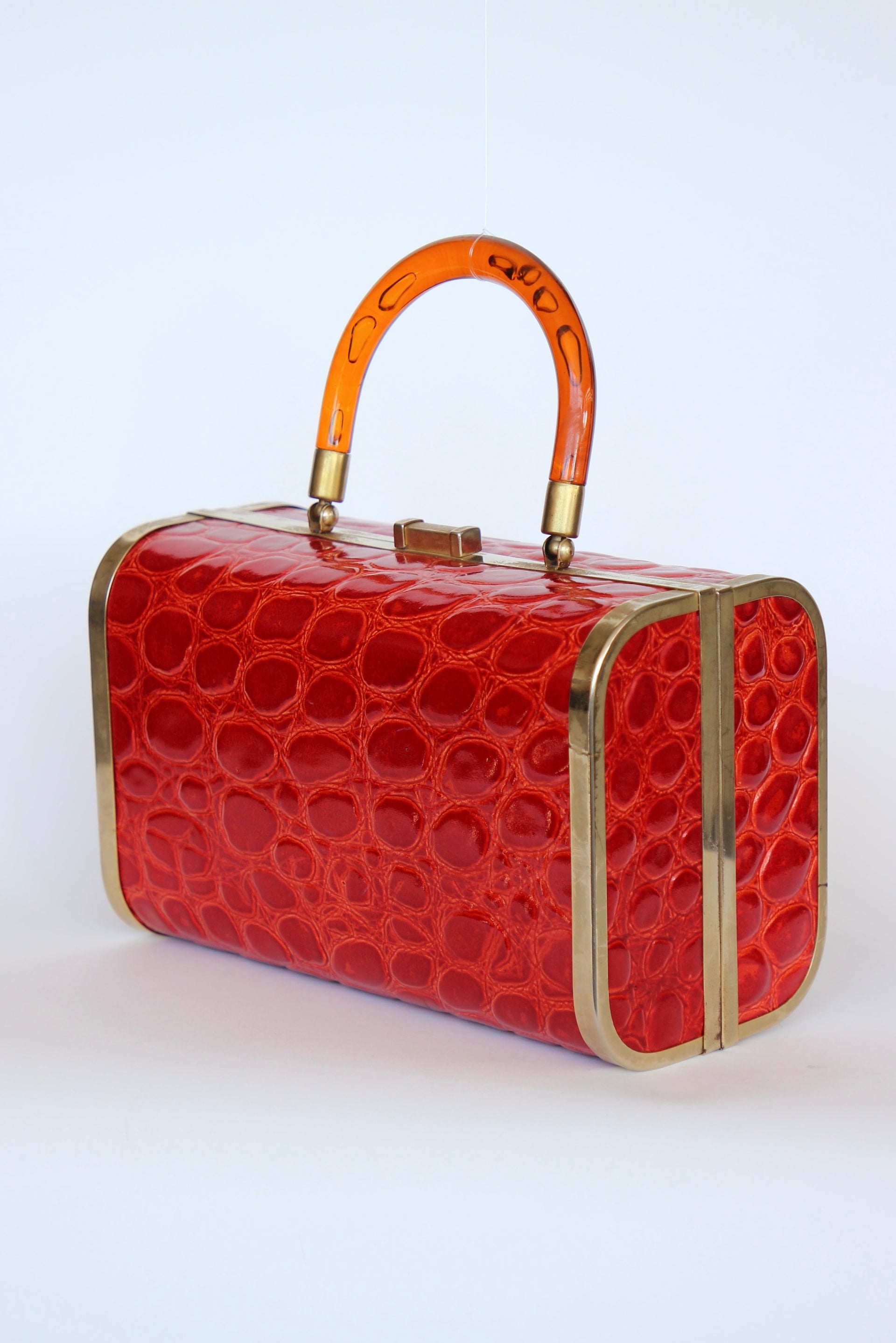 1950s 1960s Bright Red Leather Box Top Handle Bag/Purse