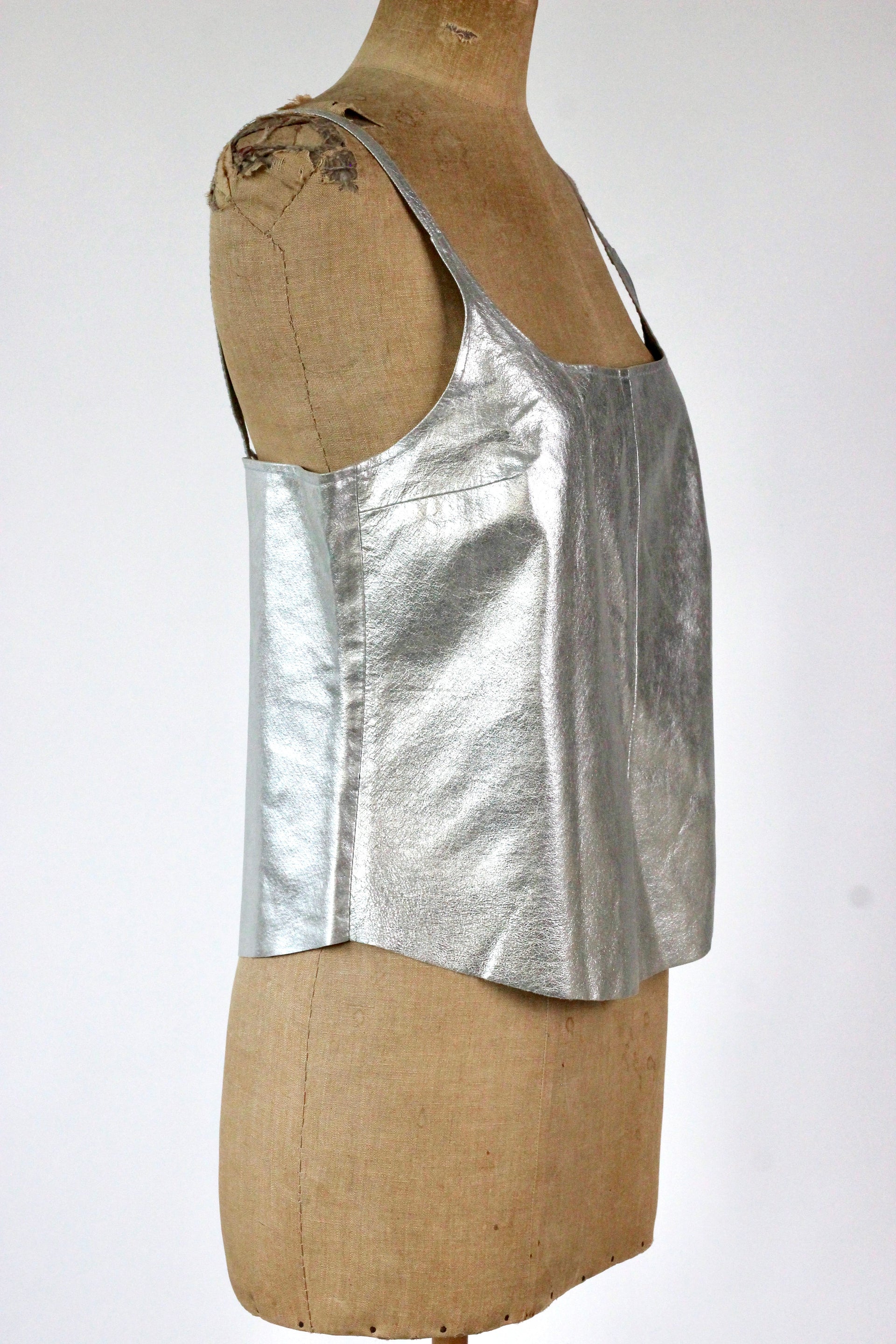 1990s Vintage Leather Silver Top//Size L