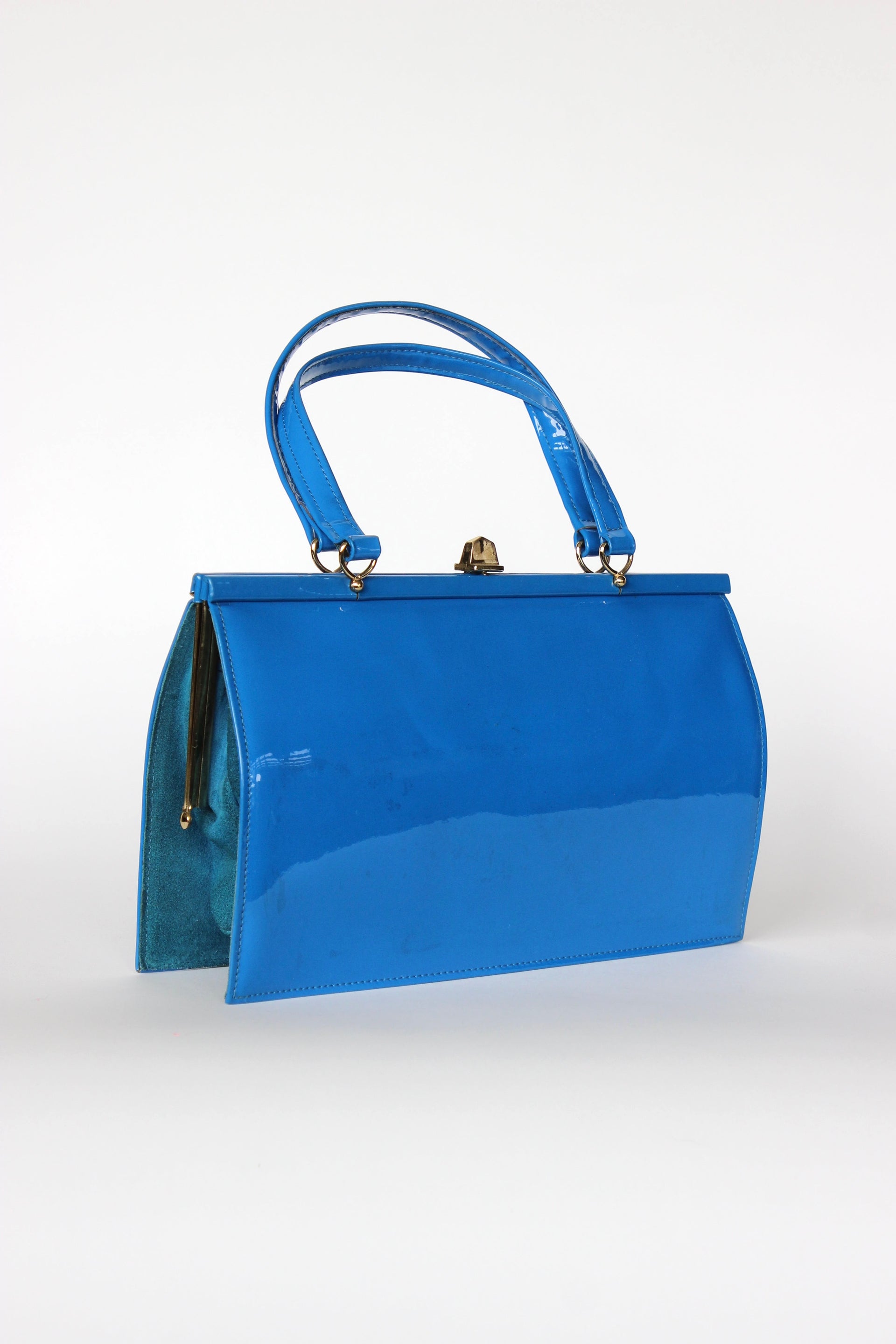 1960s 1970s Vintage Blue Suede and Patent Vinyl Purse Top Handle Bag/Purse