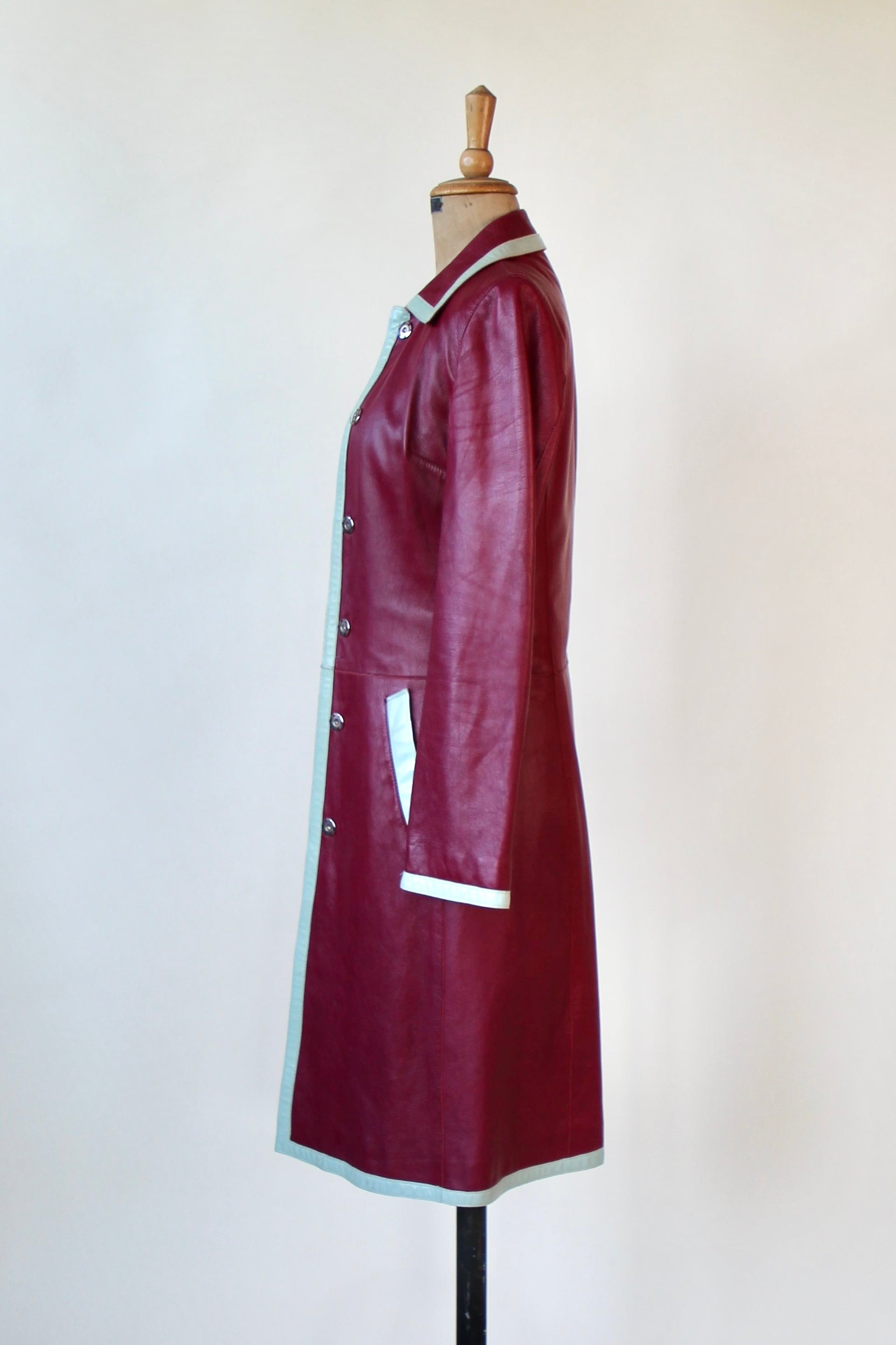 Y2K Italian Designer Burgundy Leather Trench Coat // Size XS/S