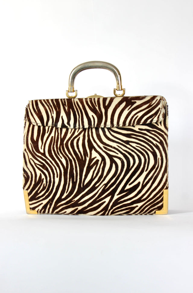 1960s Vintage Bon Goût Black Leather Top Handle Bag with Zebra Pattern Fur