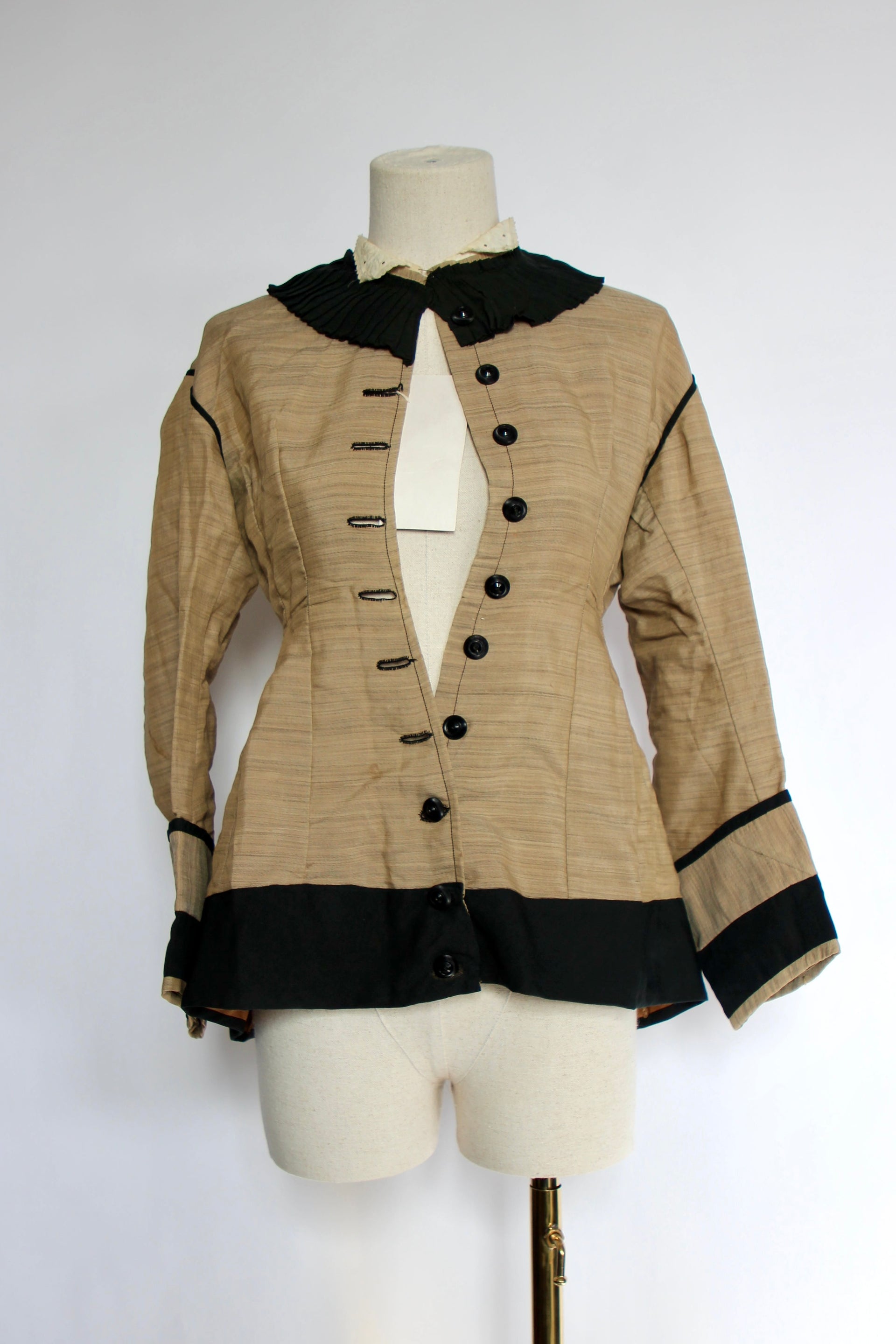 1879s Antique Victorian Beige Jacket with Black Collar and Cuffs Owned by Karin Strandberg, Sweden.