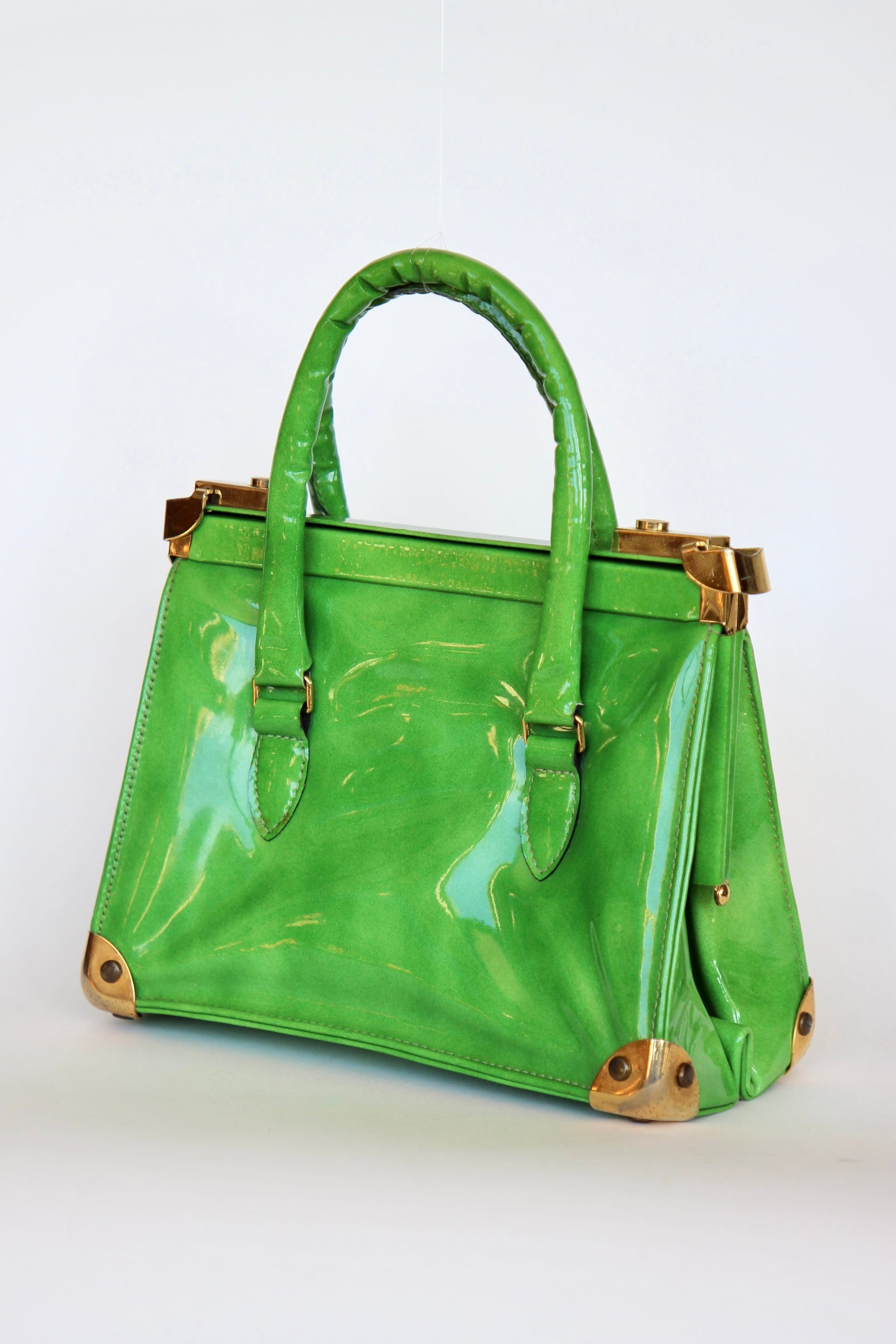 1960s Vintage Green Vinyl Purse / Top Handle Bag