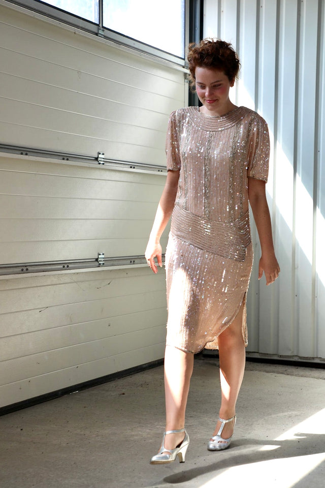 Vintage Beaded Sequin Silk Dress// Size M