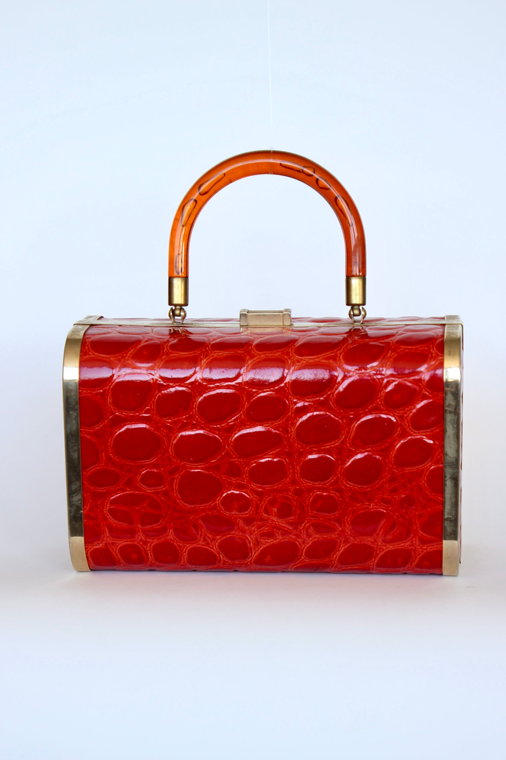 1950s 1960s Bright Red Leather Box Top Handle Bag/Purse