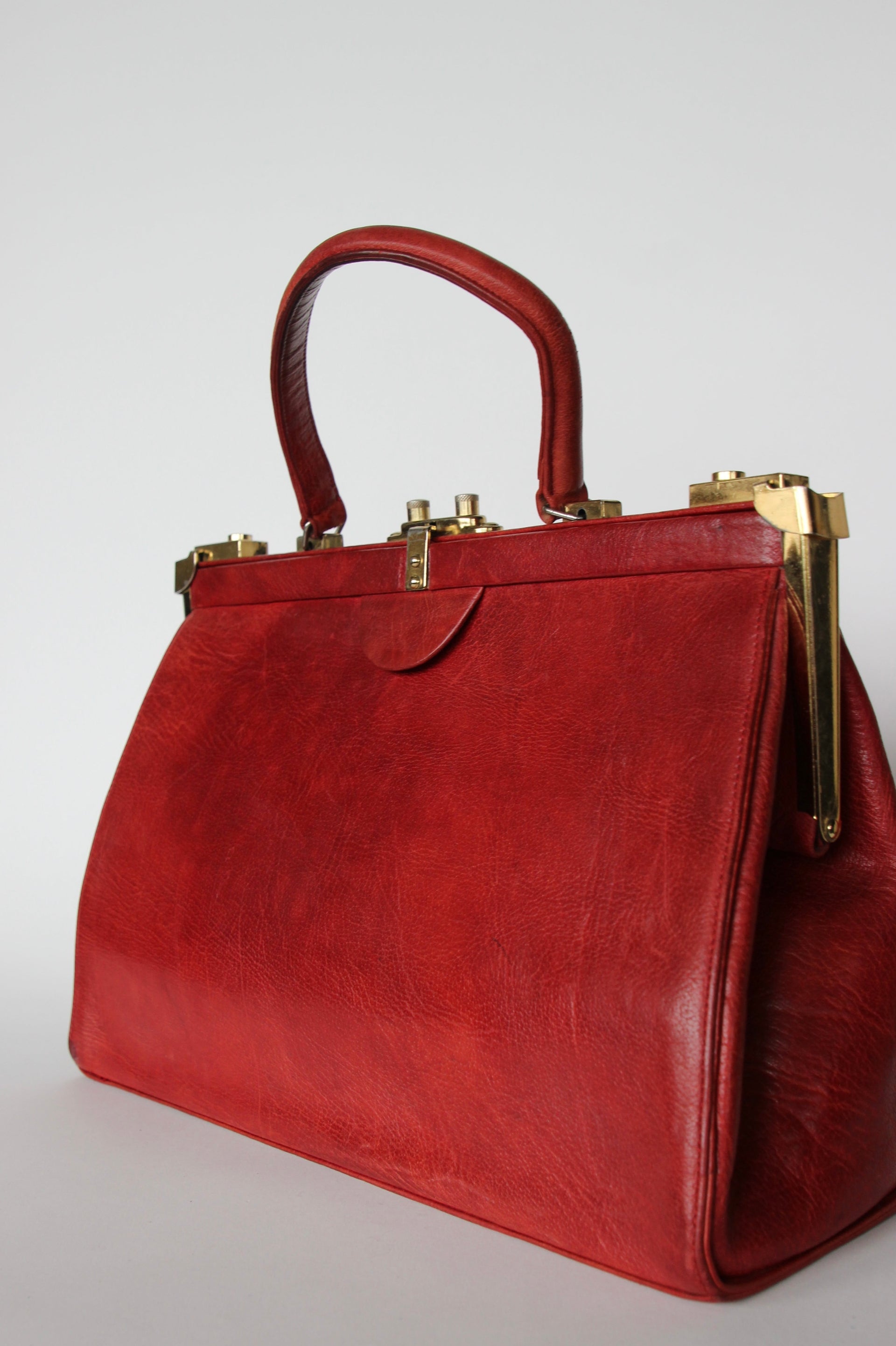 1960s Vintage Large Red Leather Top Handle Bag / Made in France