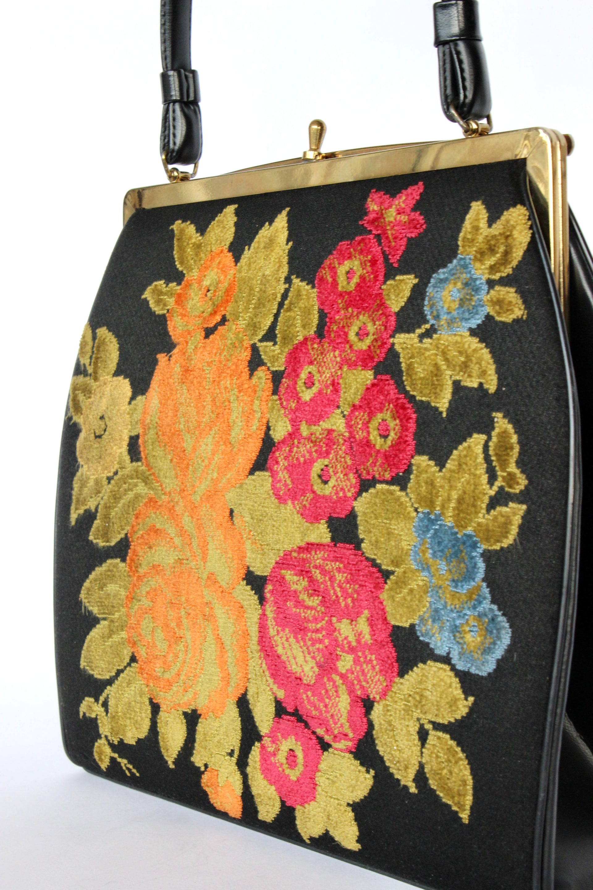 1940s 1950s Vintage Large Black Embroidered Top Handle Bag
