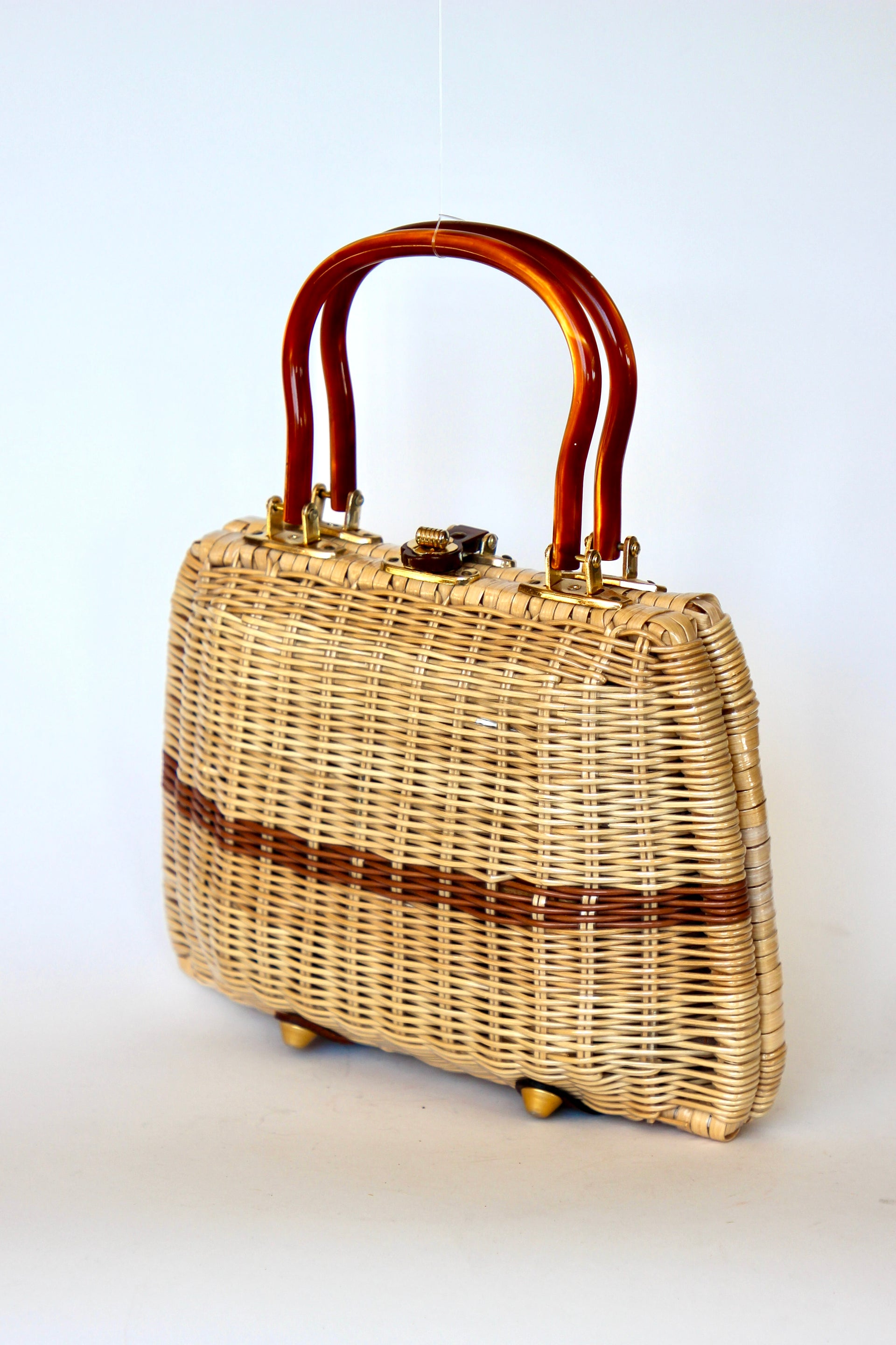 1950s 1960s Straw Top Handle Bag/Purse with Lucite Handle