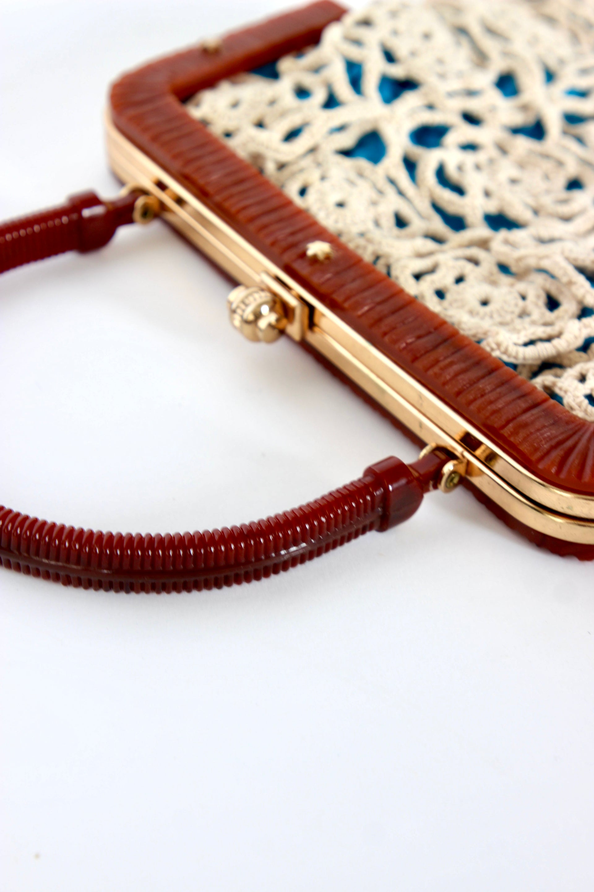 1960s Vintage Handmade Crochet Bag with Plastic Handle and Frame