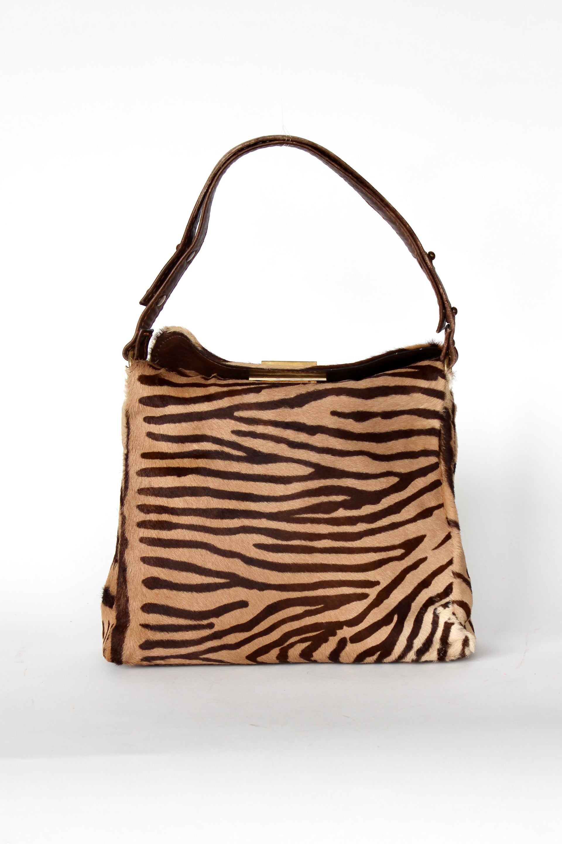 1960s Brown Fur Top Handle Bag with Tiger Pattern // Danish Design