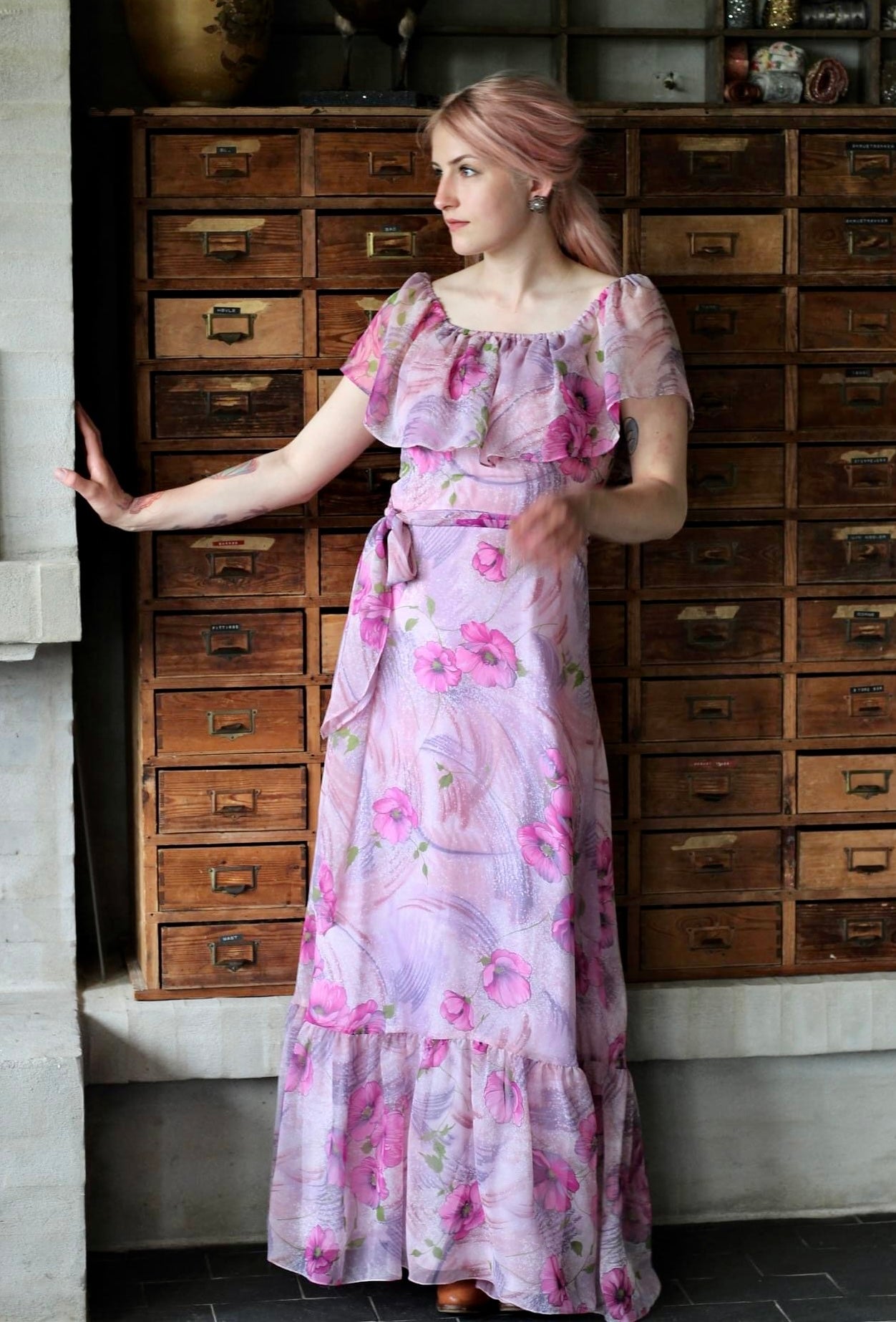 1960s Maxi Dress with Floral Print//Size S byWaltz 1960s Maxi Dress with Floral Print//Size S byWaltz