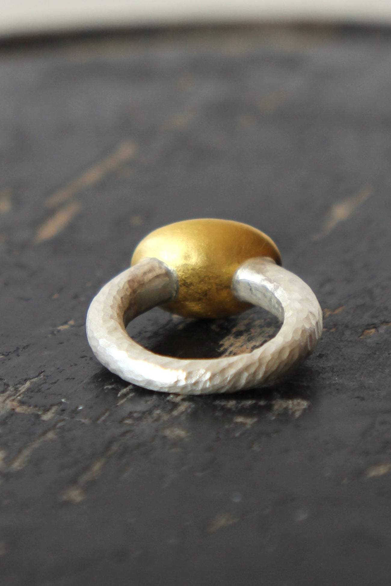 Handmade Aquamarine Ring // Poppy Dandiya // Hammered Sterling Silver // 24K Filled Gold // Size 53