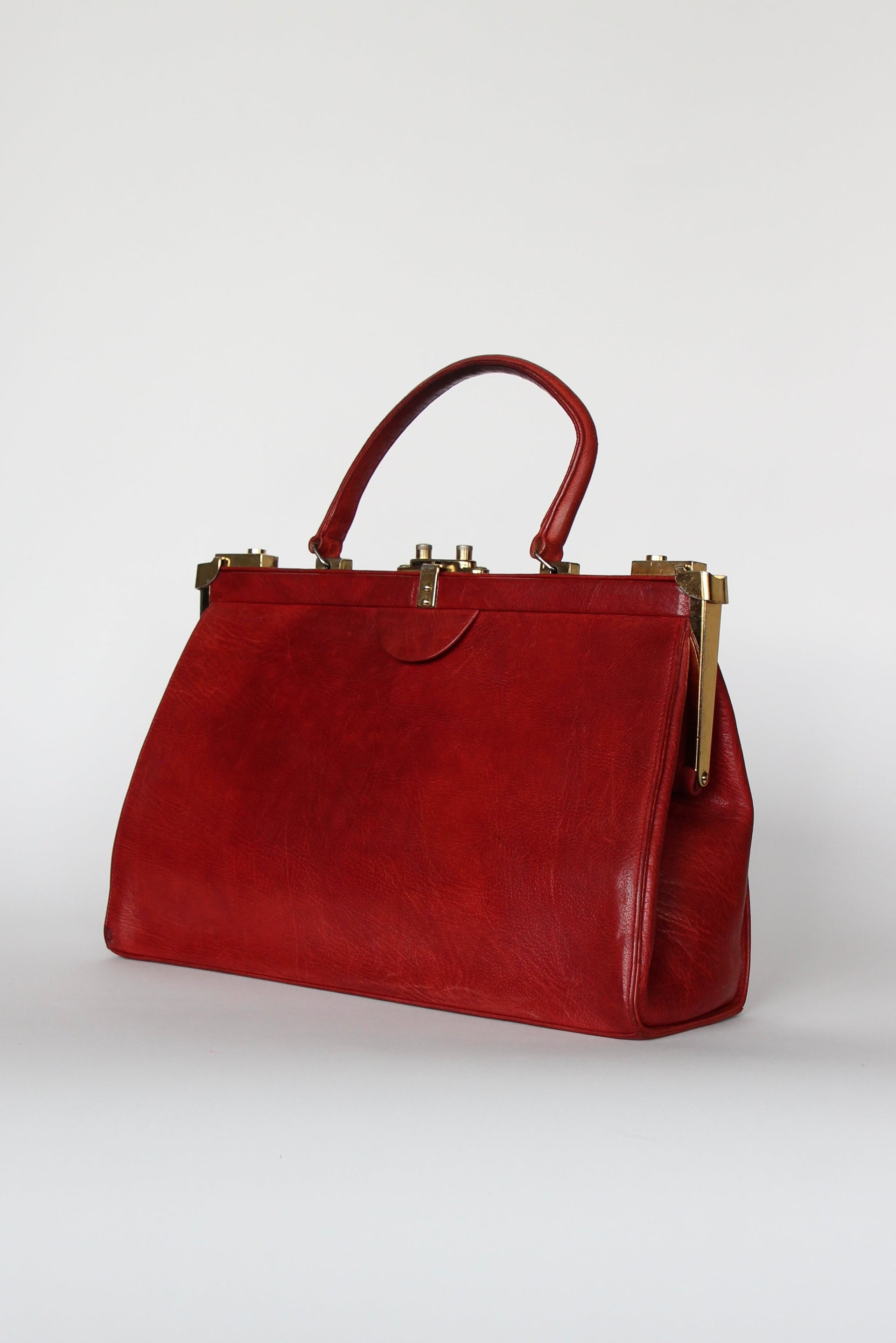1960s Vintage Large Red Leather Top Handle Bag / Made in France