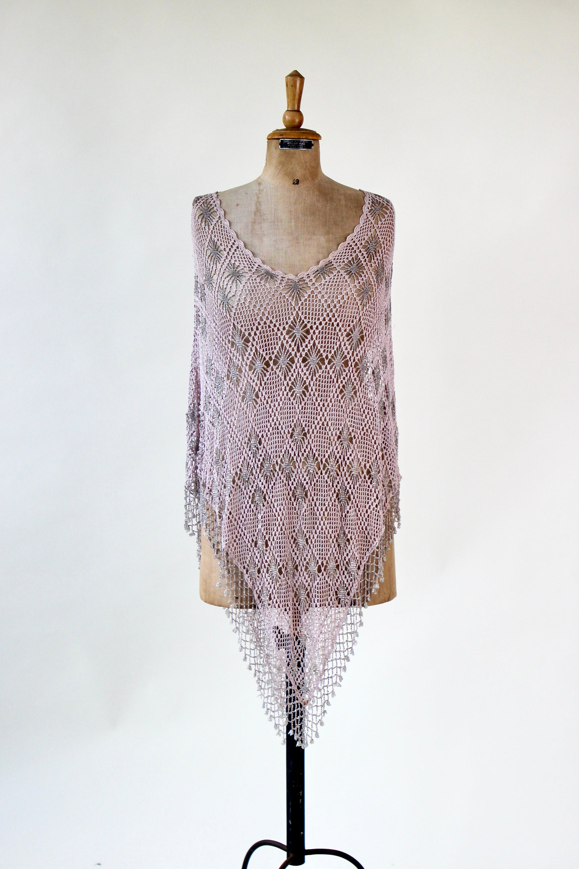 Vintage Pale Pink Beaded Crochet Poncho