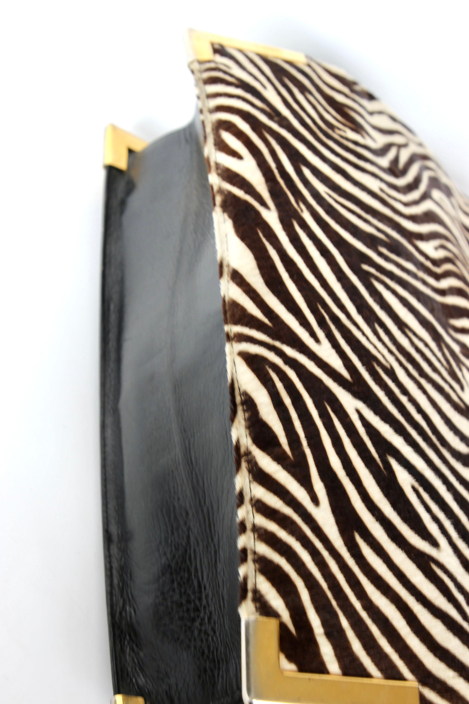 1960s Vintage Bon Goût Black Leather Top Handle Bag with Zebra Pattern Fur