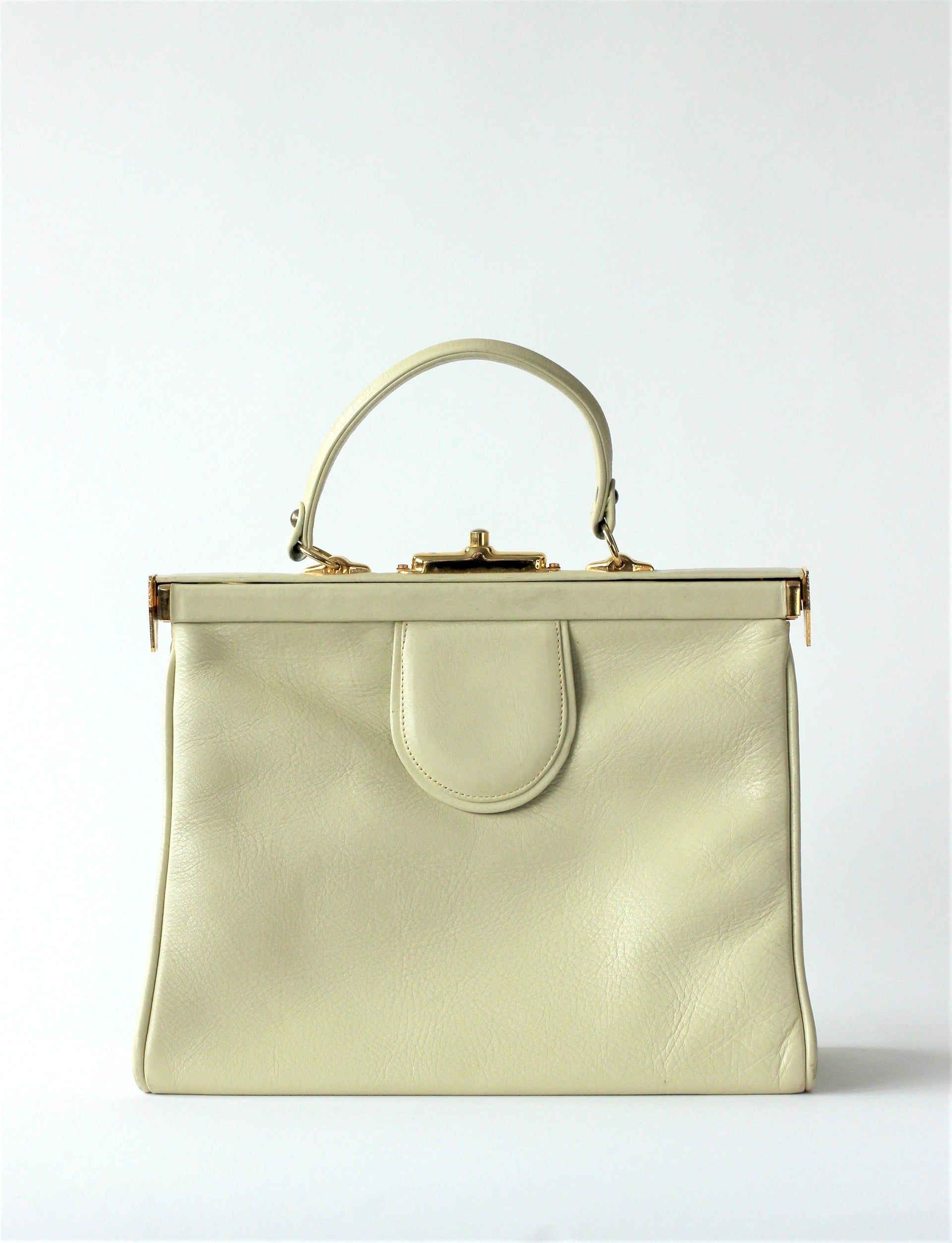 1950S 1960s Ivory Leather Top Handle Bag with Red Linen/Danish Design