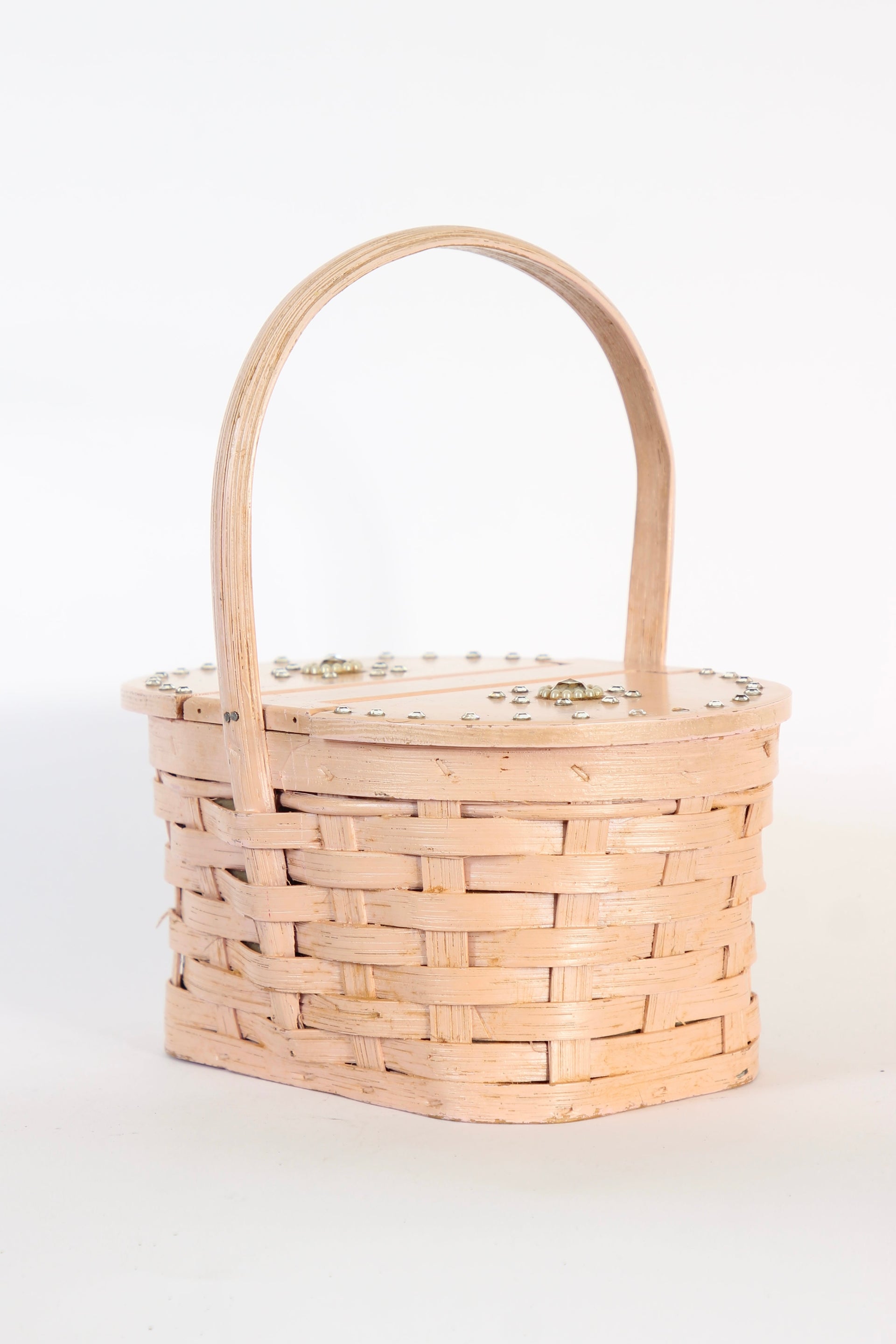 1950s Vintage Rose Woven Wood Basket Bag Purse