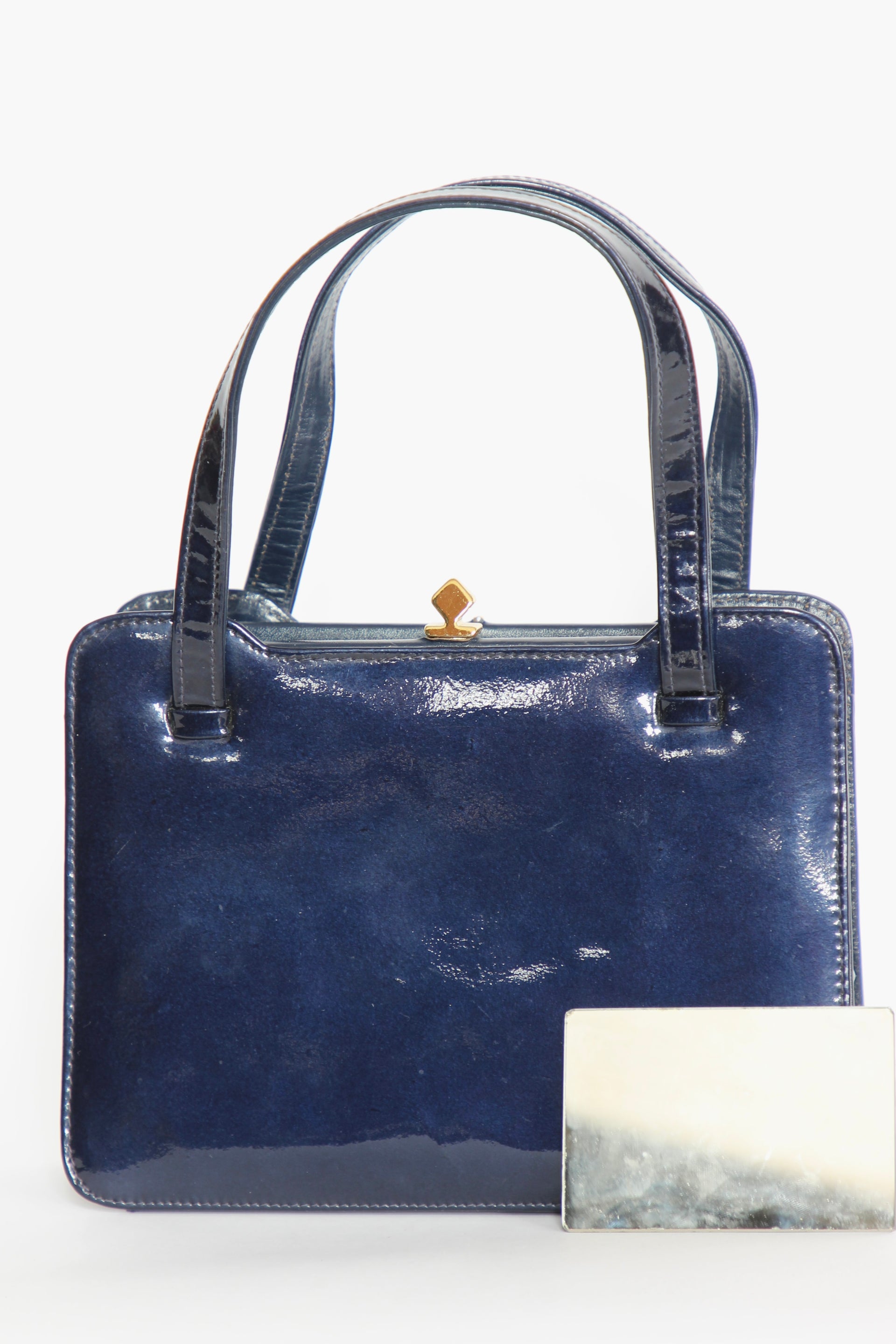 1950s 1960s Vintage Navy Blue Patent Leather Top Handle Bag/Purse