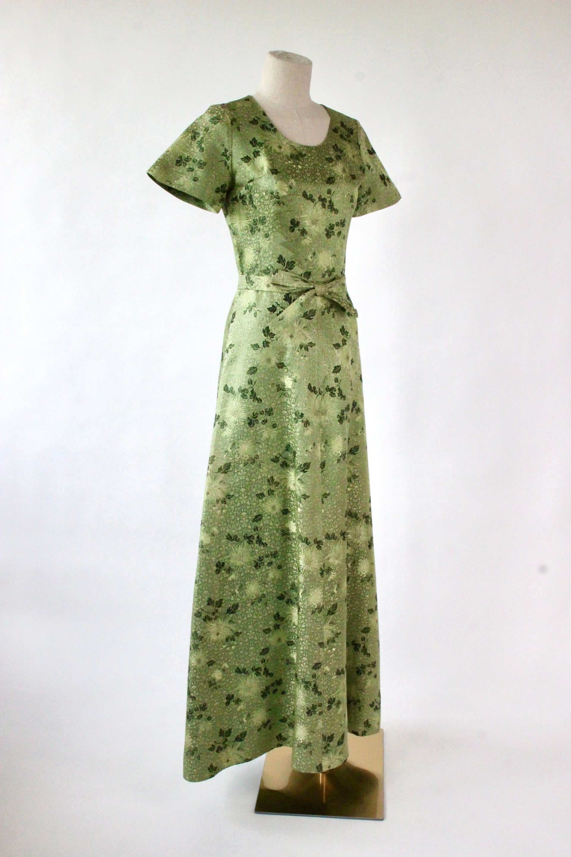 1950s 1960s Green/Gold Evening Gown with Chinese Inspired Pattern//Size XS/S