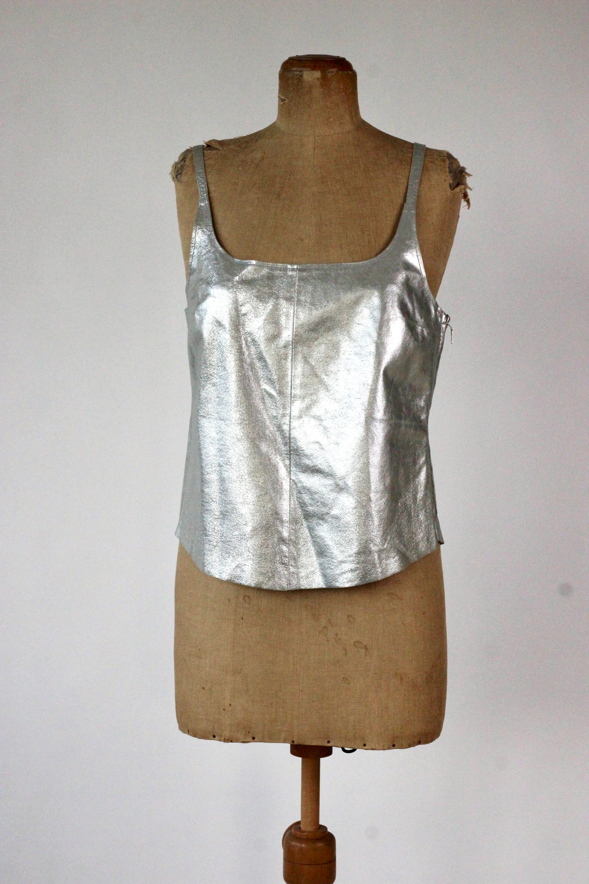 1990s Vintage Leather Silver Top//Size L