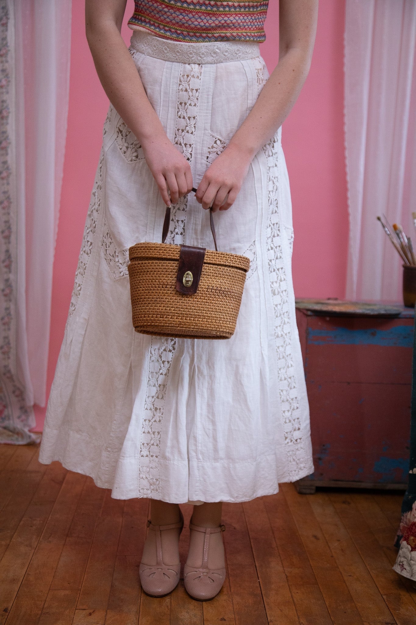 1960s 1970s High Waisted White Maxi Skirt // Size XS/S