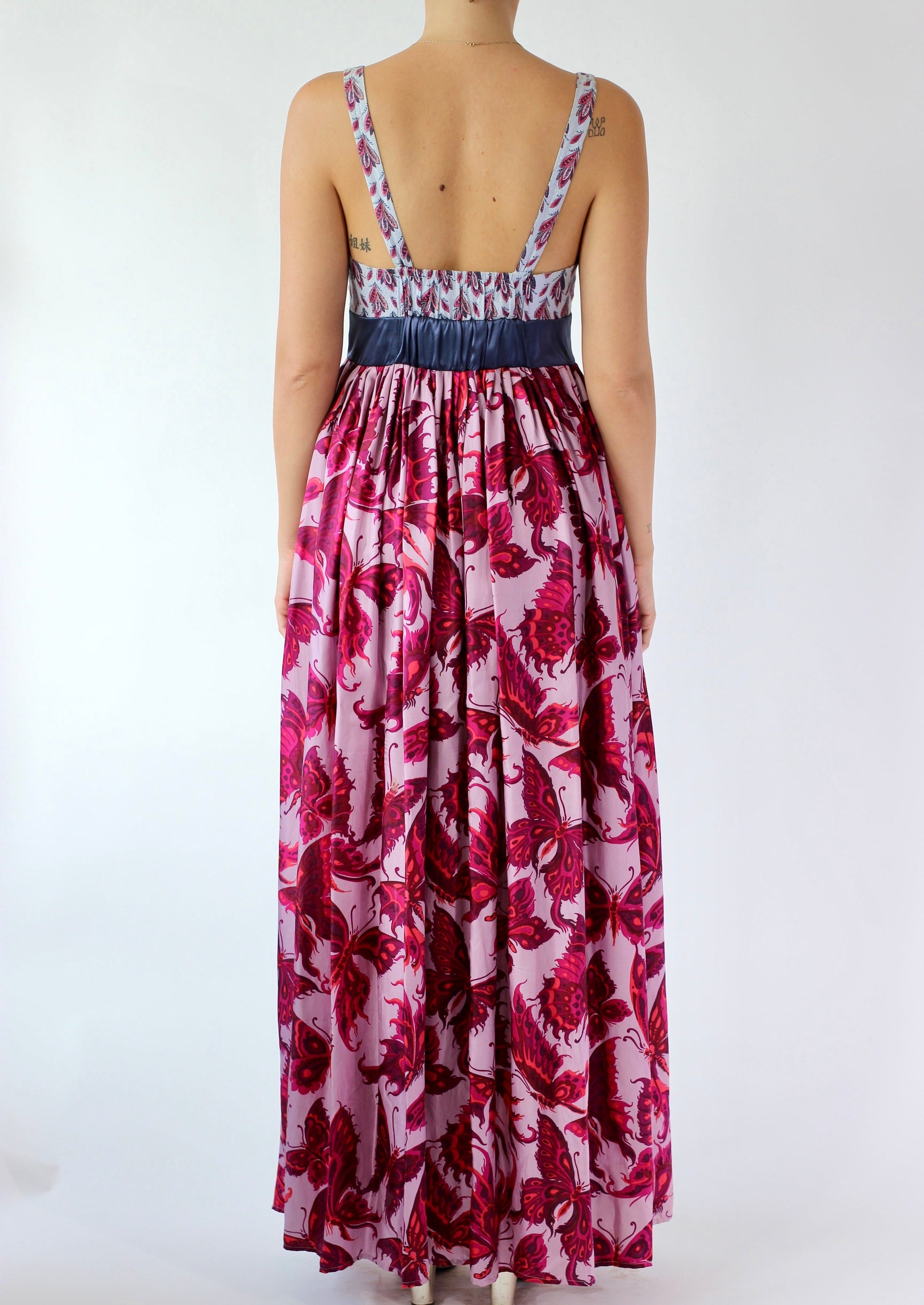 Y2K Purple Silk Maxi Silk Dress//Butterfly Print//Danish Design//Size L/XL