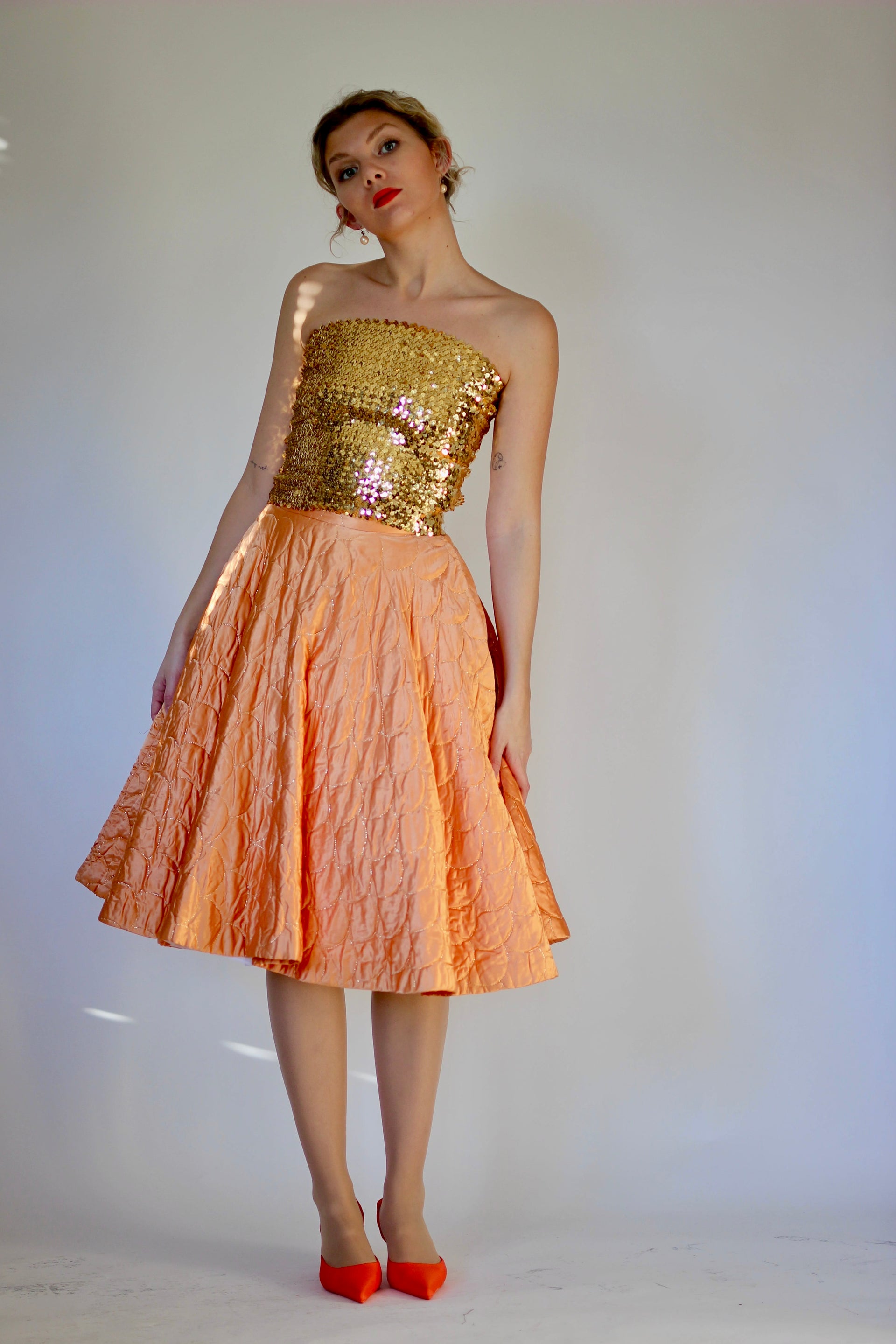 1950s Vintage Copper Quilted Circle Skirt//Size S
