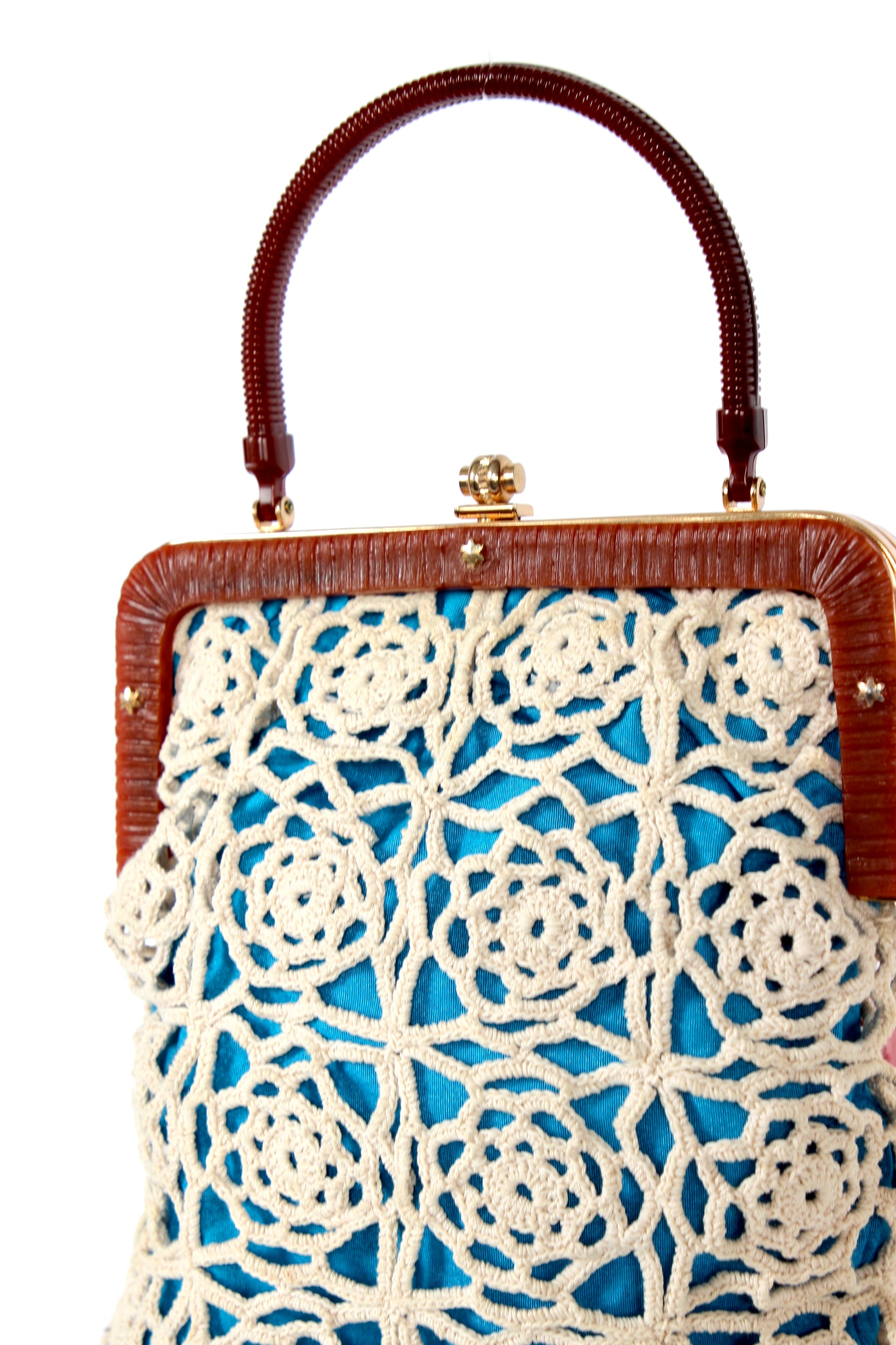 1960s Vintage Handmade Crochet Bag with Plastic Handle and Frame