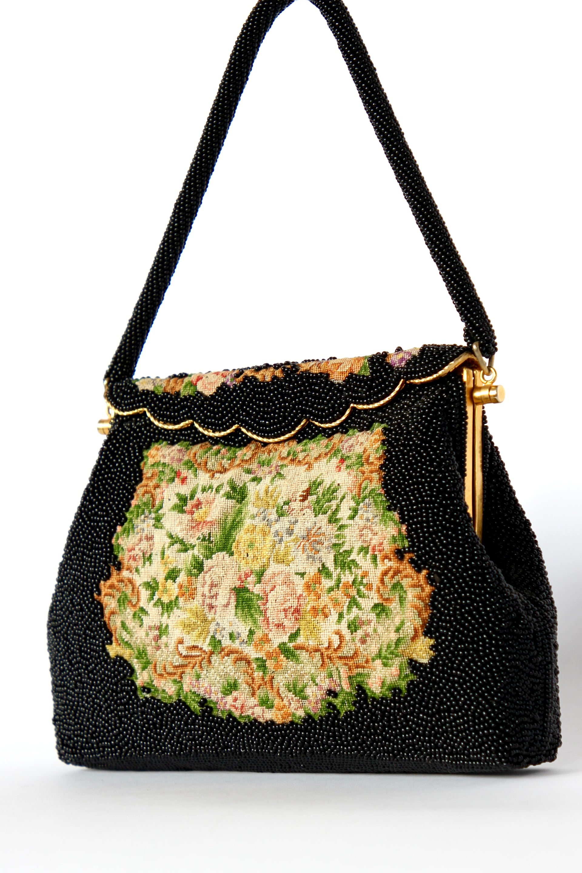 1940s 1950s Vintage Black Beaded & Floral Petit Point Evening Bag